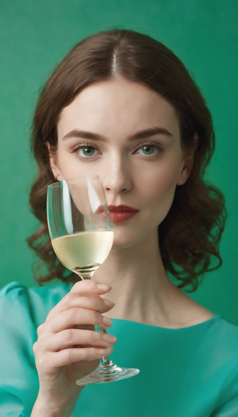 a young woman holding a champagne flute on a green background, in the style of carl kleiner, buckminster fuller, loretta lux, high quality photo, wavy resin sheets, gold and cyan, digital symmetry，medium shot