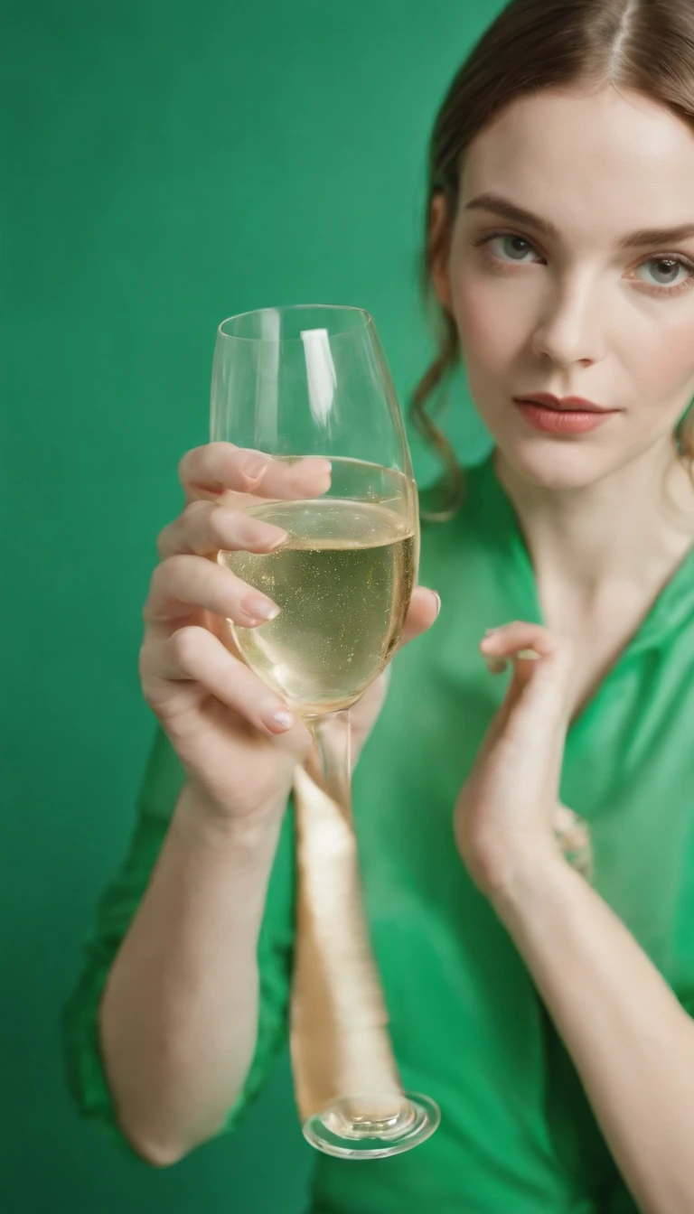 a young woman holding a champagne flute on a green background, in the style of carl kleiner, buckminster fuller, loretta lux, high quality photo, wavy resin sheets, gold and cyan, digital symmetry,medium shot