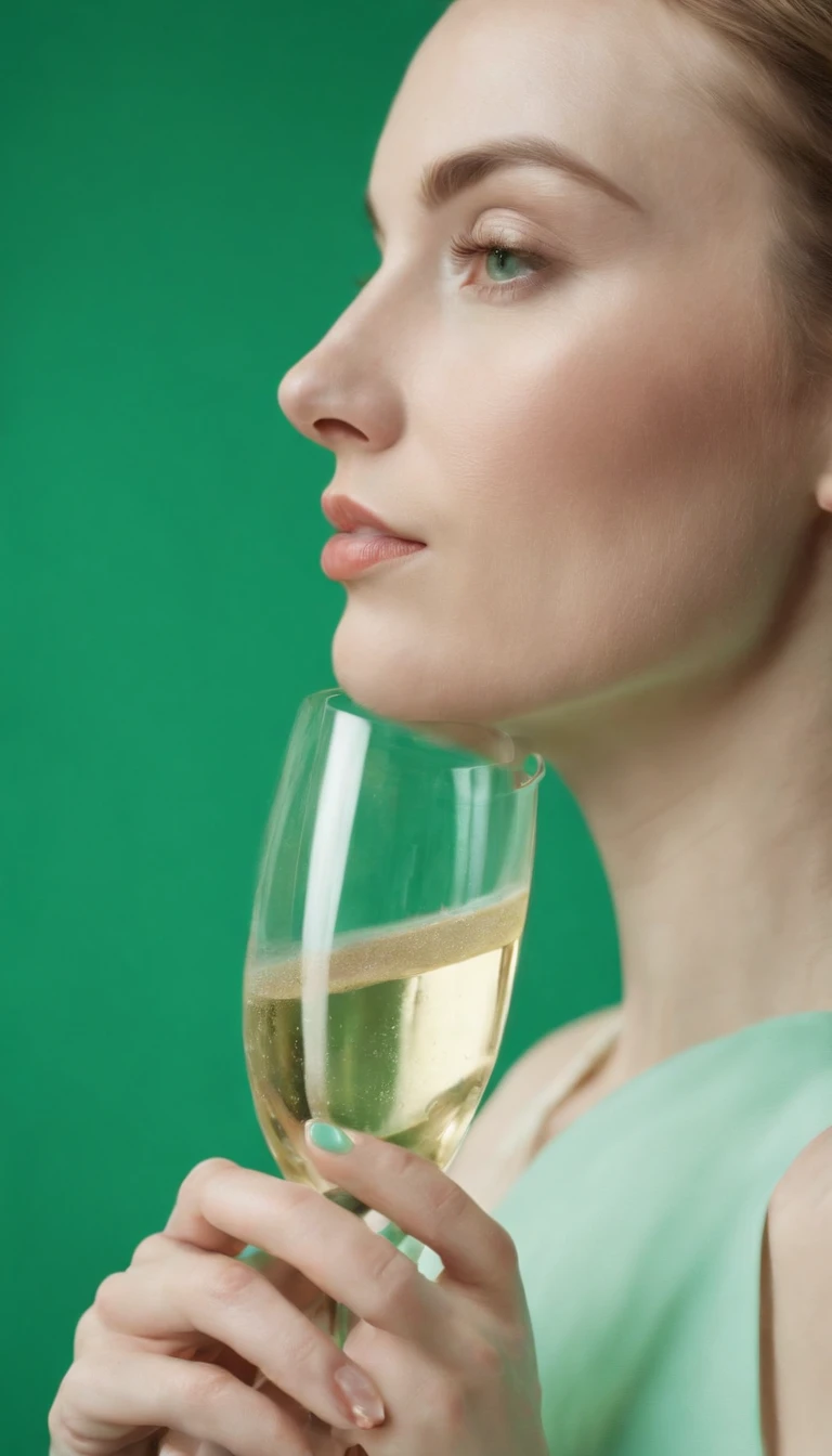 a young woman holding a champagne flute on a green background, in the style of carl kleiner, buckminster fuller, loretta lux, high quality photo, wavy resin sheets, gold and cyan, digital symmetry,medium shot