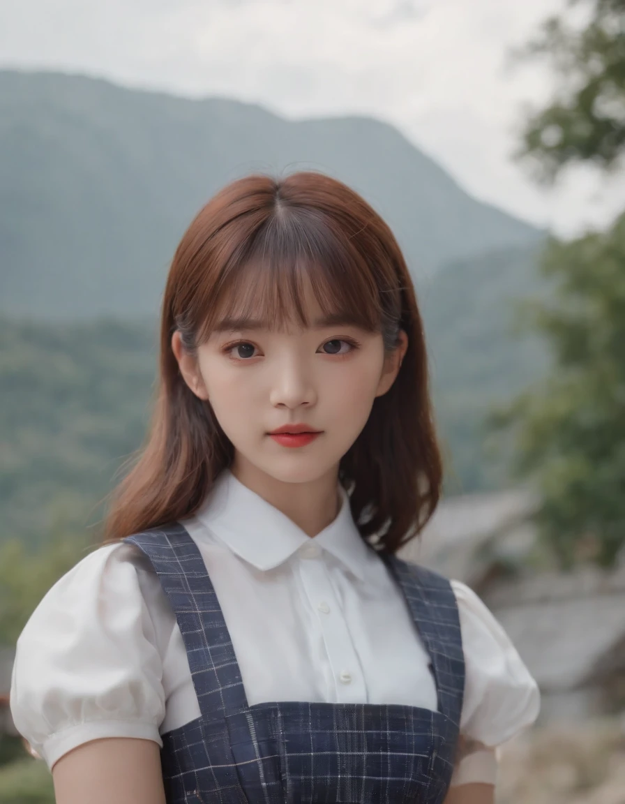 8K,Raw photography,quality,(masterpiece:1.2),glamor,Chromo-white skin,School,watching at viewers,Looking at the front,High-school clothing,JK school uniform,hi-school girl,standing,(Photorealsitic:1.3),(Red bow tie),Physically Based Rendering,depth of fields,Blurry background,(Bangs are visible), (white shirt), (Navy and blue and white plaid pleated skirt), Japanese ido,versized portraits, babycore, upper body