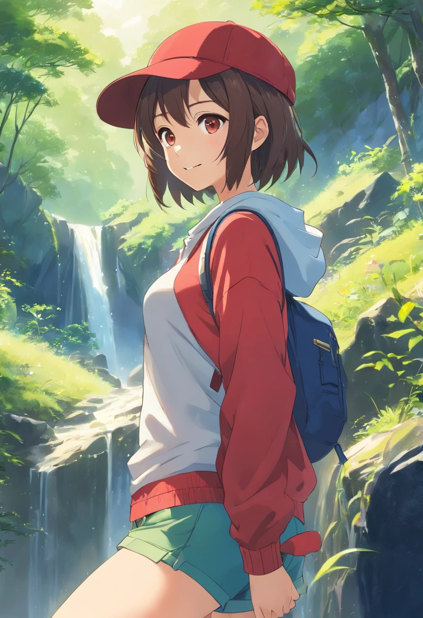 Cute girl in Japan，Big smile，Red clothes，(((wearing hat:1.5))),great outdoors, En plein air, Beautiful white feet and legs. rios，Waterfall fantasy，444 Hz, Beautiful, Breathtaking, Highly detailed, 8K, Use, Affectionate, Ultra photo realsisim, scenery,(((short detailed hair:1.5))),(((Shorts visible)))