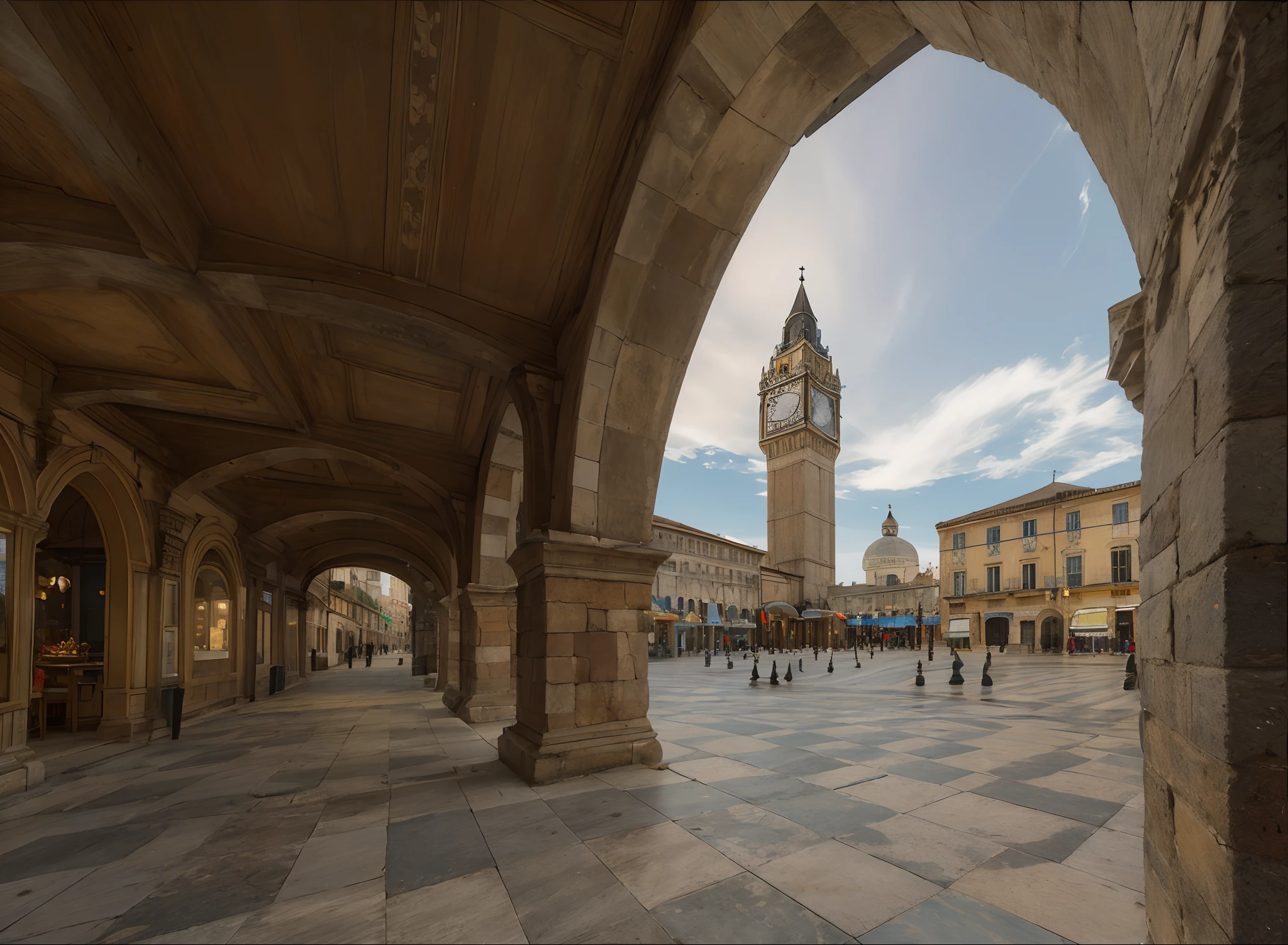 a very detailed photography of an ancient city square seen by an arcade, there's a big white king chess clock tower in the square and the pavement of the square is checkered like a chessboard, hyperrealistic