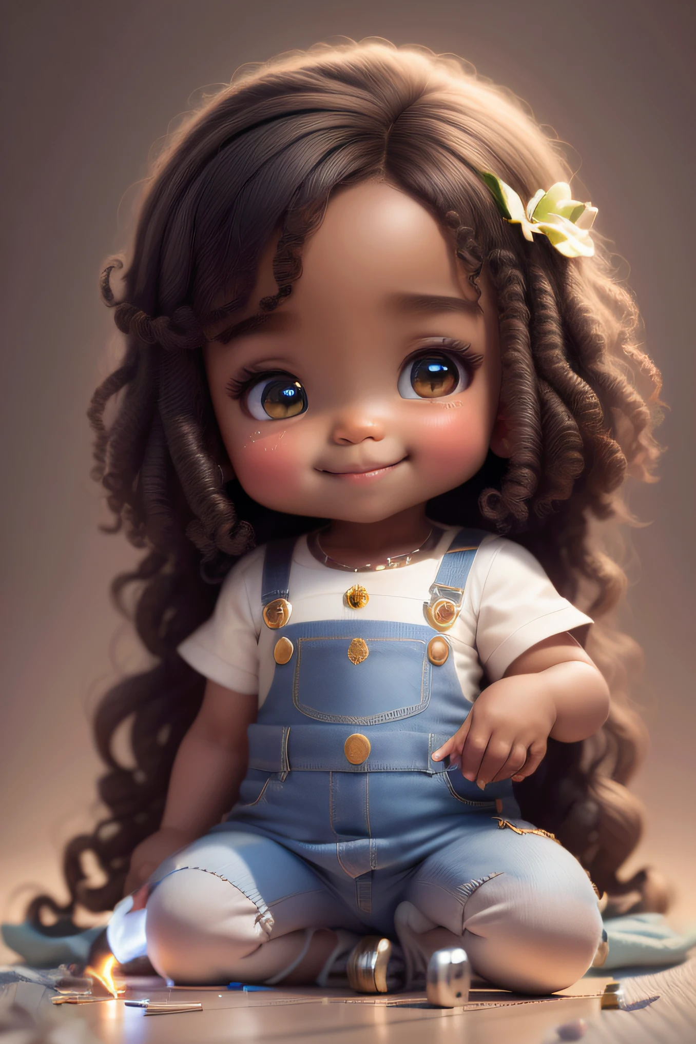 chibi 1 African ******** dark brown skin:5, cute smile, sitting ((full body))) "pulando" realistic shadows, sparkling eyes, detailed skin, slightly shiny greenish brown eyes, pose for photo, long curly black hair, flowers in hair, rapunzel style, very detailed, highly detailed 8k face, perfect face shape, perfect full lips, perfect nose, beautiful and correct eyes, observant, wedding dress: 3.45, hair flowers, masterpiece , best quality, single, jeans, alone, advanced chibi digital