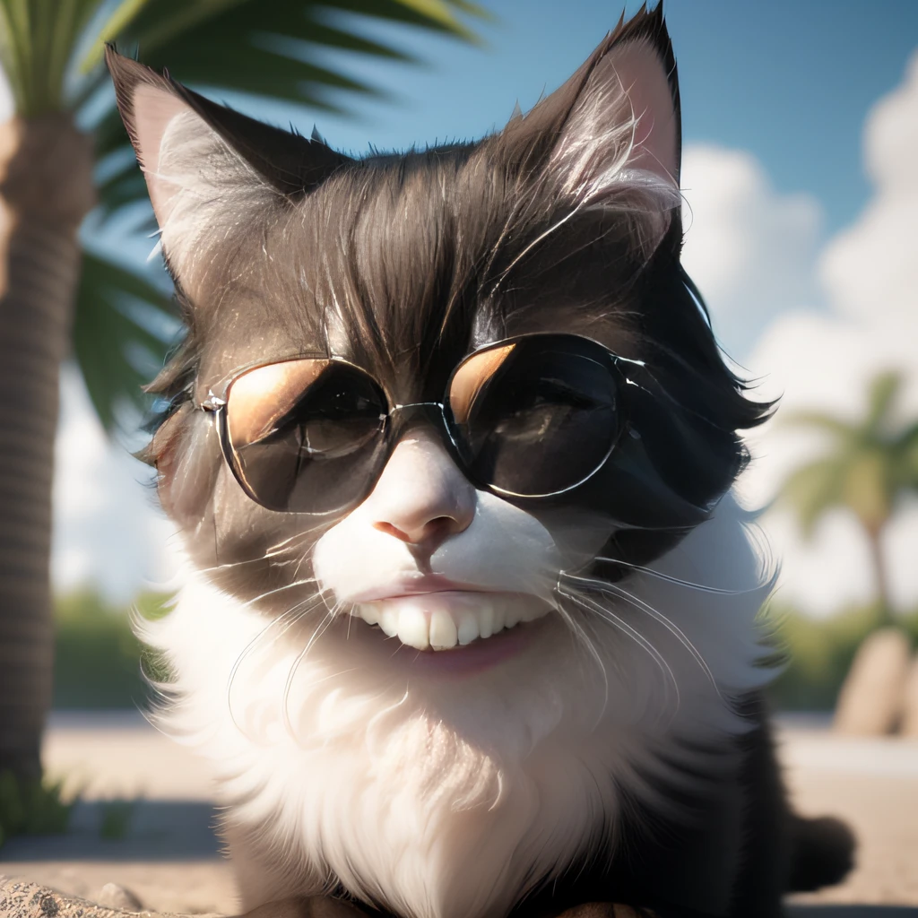 super cute fluffy black and white cat wearing sun glasses , photorealistic, 4K, ultra detailed, vray rendering, unreal engine, midjourneyart style