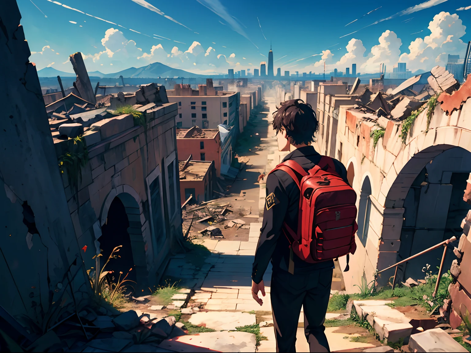 "(Ultra-clear details，Panoramic views of the vast ruined city，A handsome teenager dressed in black，The backpack slung over your back)"