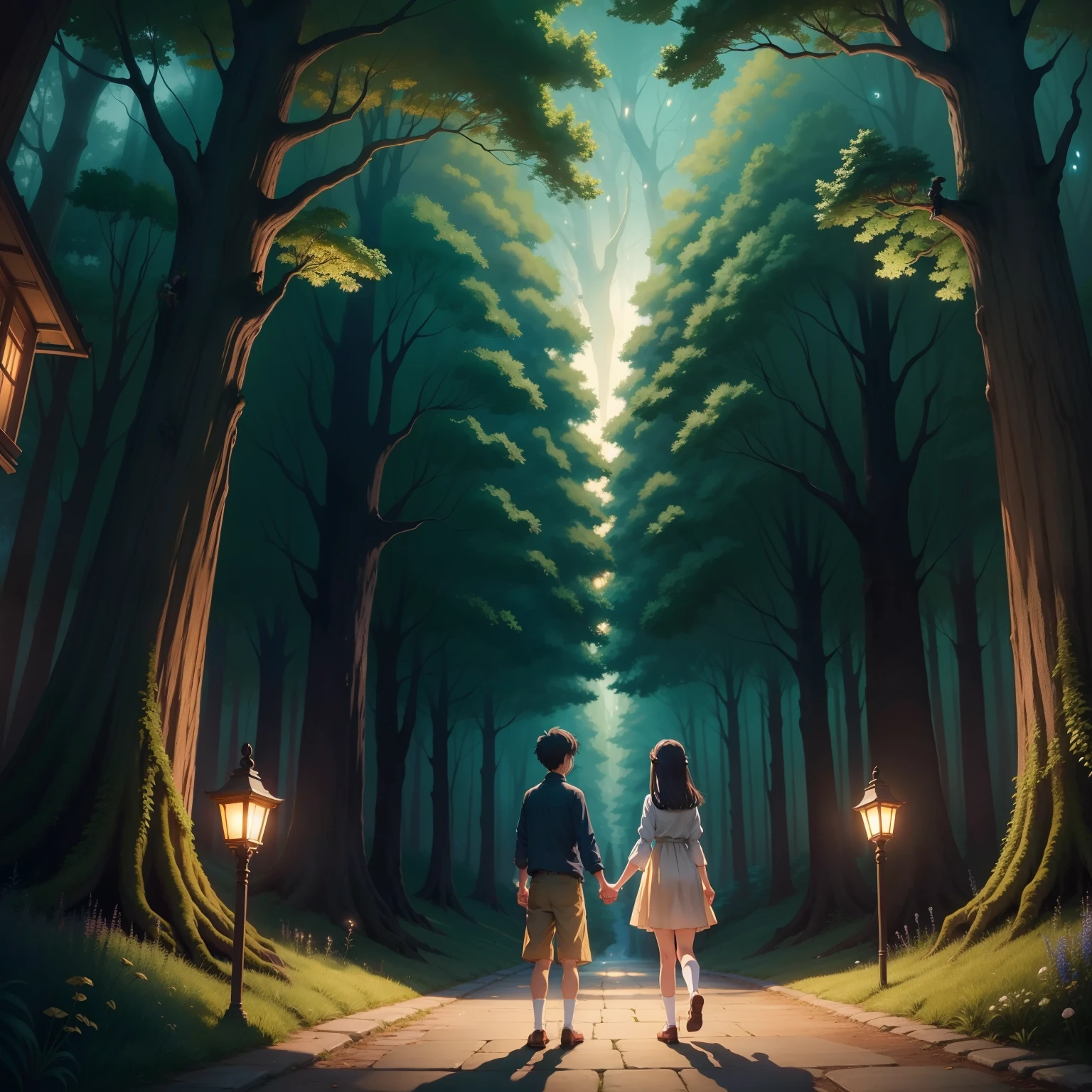 Ghibli style、Boy and girl holding hands、Forest Square、Fireflies are flying、Fantastical、natta、Glowing faintly