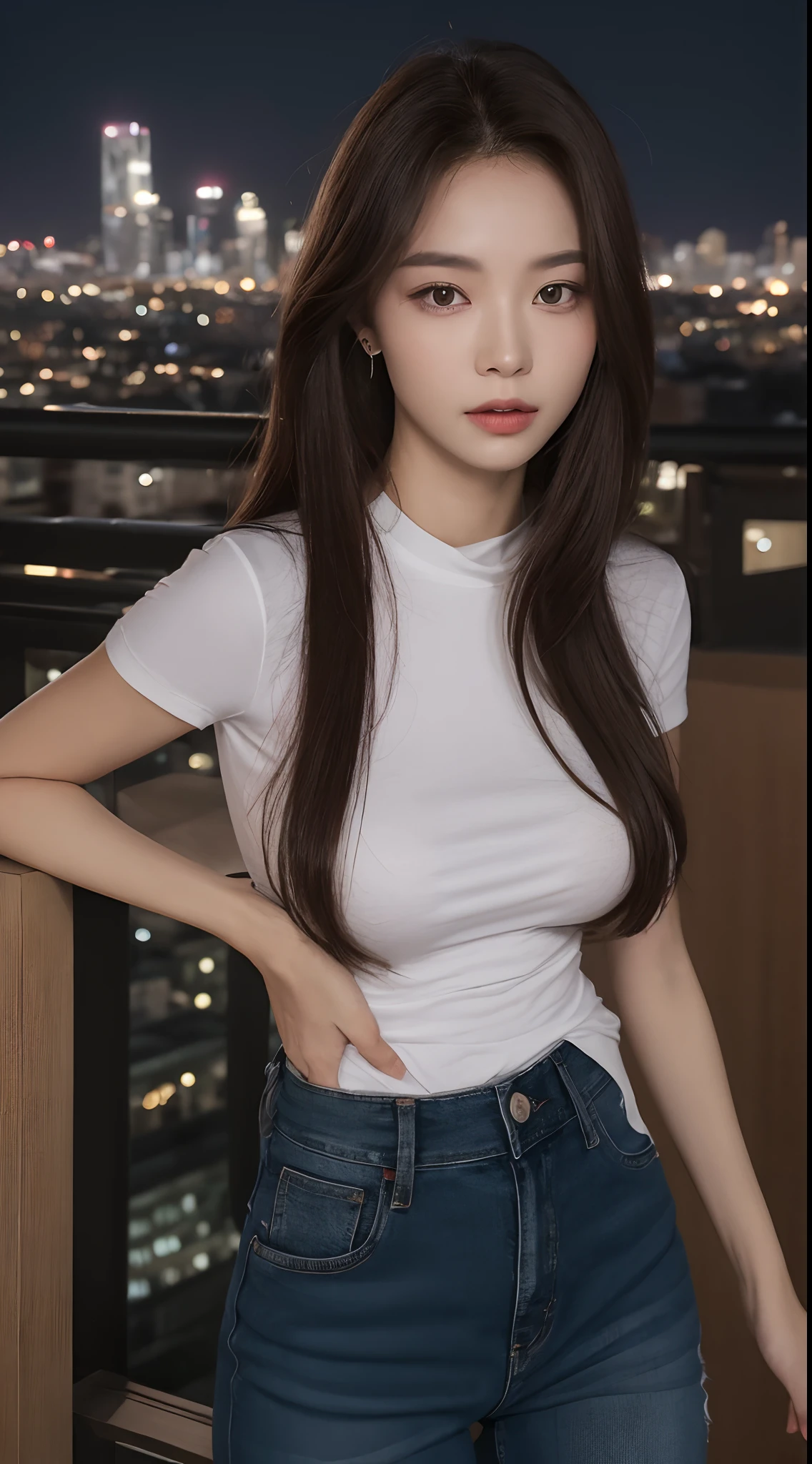 best quality, ultra high res, (photorealistic:1.4), 1girl, sleeveless turtleneck, (busty), ((huge breasts)), large breasts, (brown long hair:1.3), (looking at viewer), (full body), (closeup)  <lora:chinesedollidolv1:0.66>