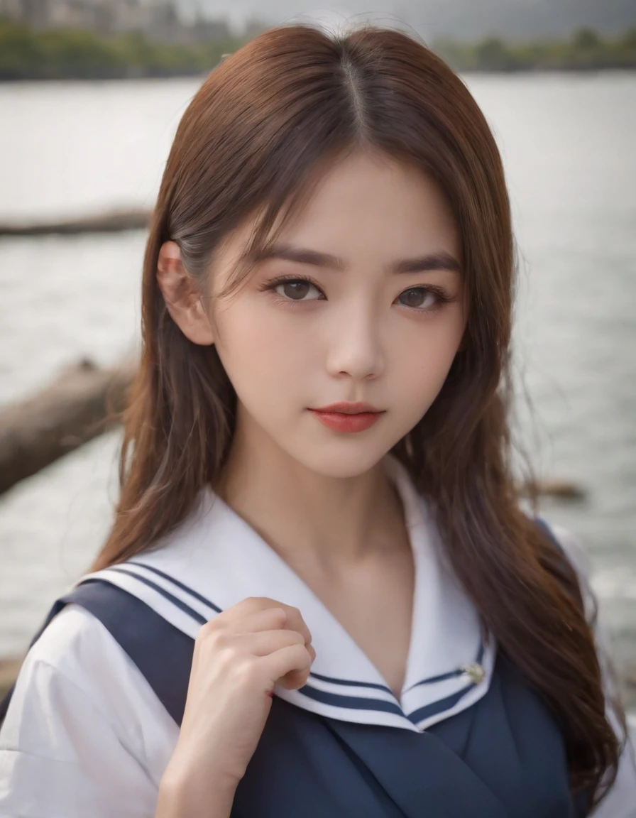 best quality, 1girl, long hair, beautiful eyes, ((japanese school shirt)), a sailor suit,Dark blue pleated skirt,sailor collar, neckerchief, white short sleeves, outdoors, high quality photo. versized portraits, upper body