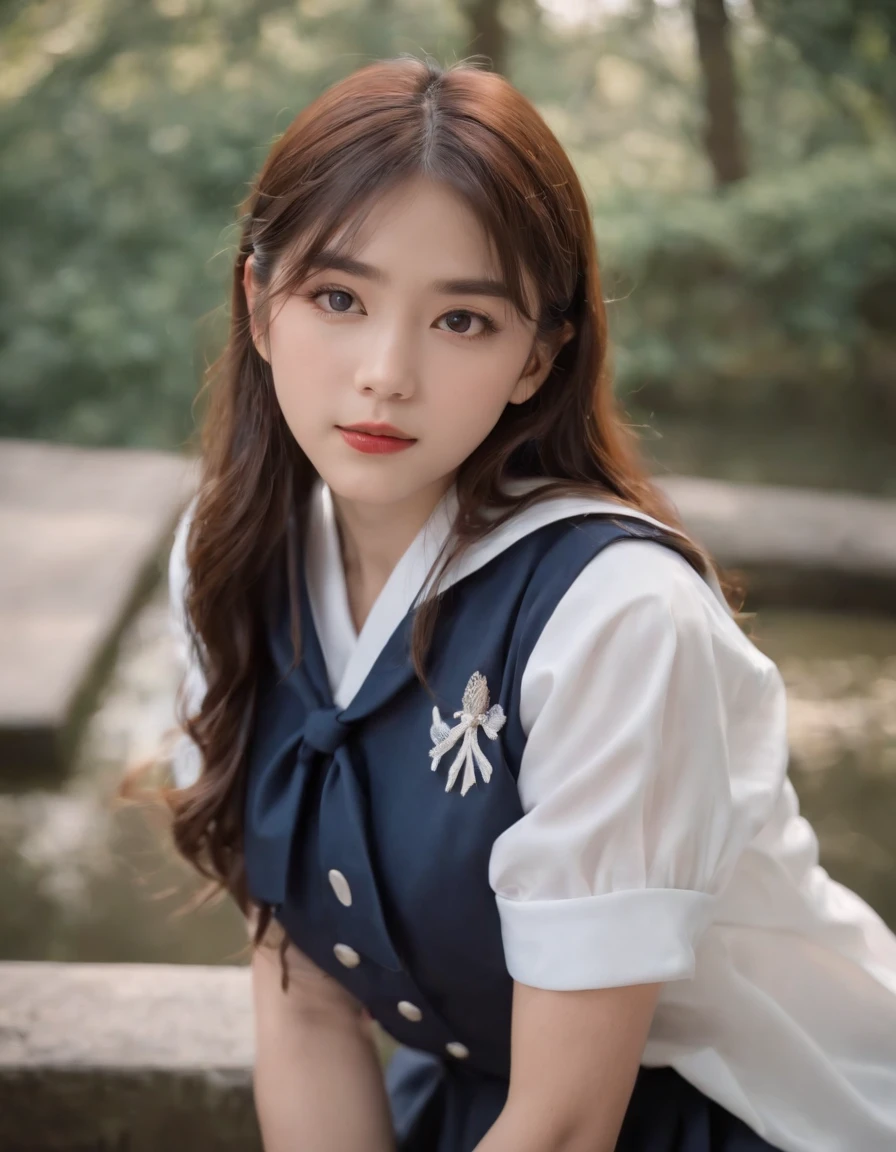 best quality, 1girl, long hair, beautiful eyes, ((japanese school shirt)), a sailor suit,Dark blue pleated skirt,sailor collar, neckerchief, white short sleeves, outdoors, high quality photo. versized portraits, upper body