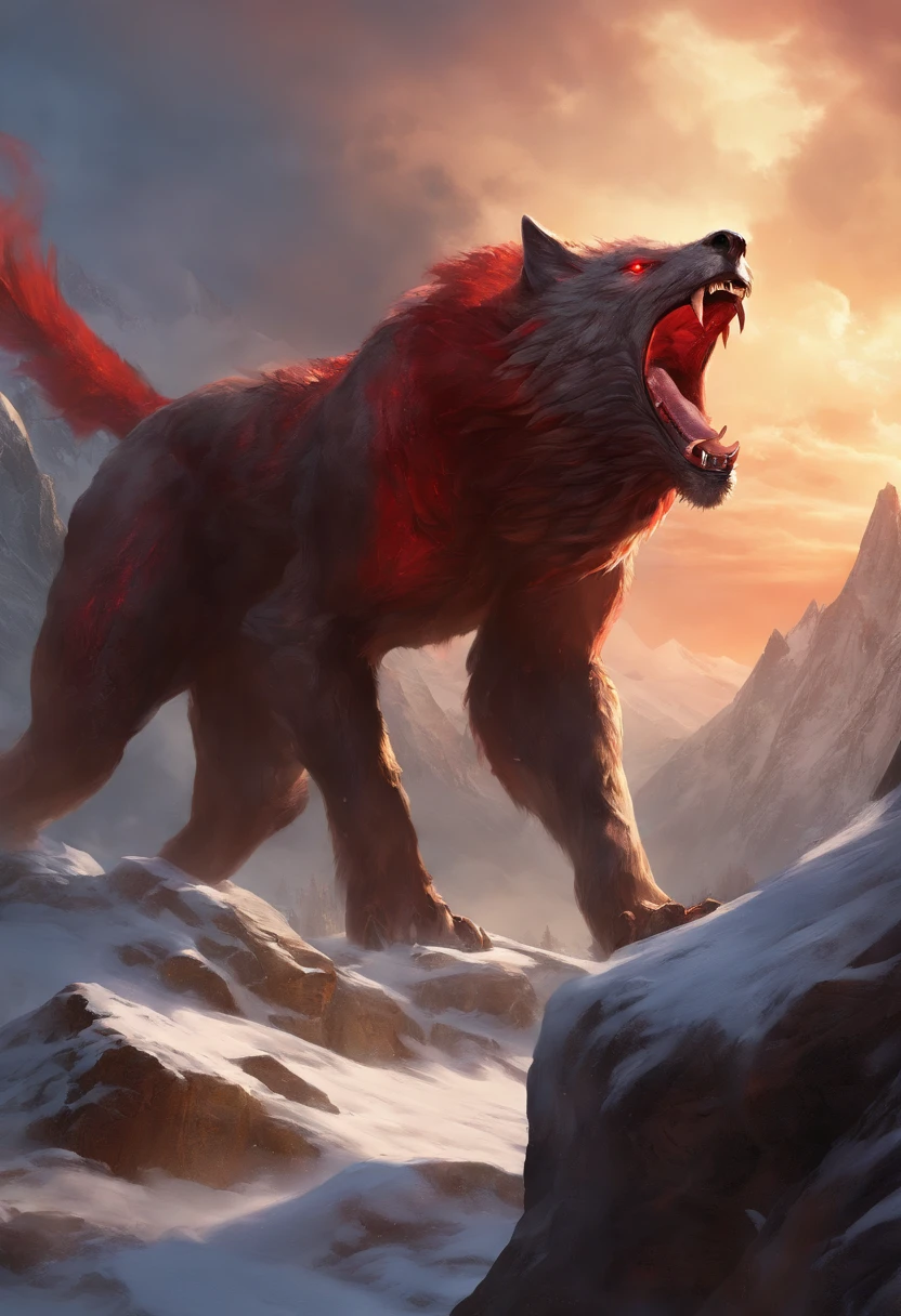 best quality,highres,professional,realistic,ultra-detailed,physically-based rendering,portrait,man,serious expression,sharp focus,beard,detailed eyes,strong body,holding a sword with both hands,dressed in armor,sword emitting red smoke,interacting with a giant wolf beast,wolf beast,ferocious,large,sharp teeth and claws,giant size,snarling,glowing red eyes,crouching on a mountain peak,mountain peaks in the background,tall and majestic,covered in snow,dramatic lighting,dark and brooding atmosphere