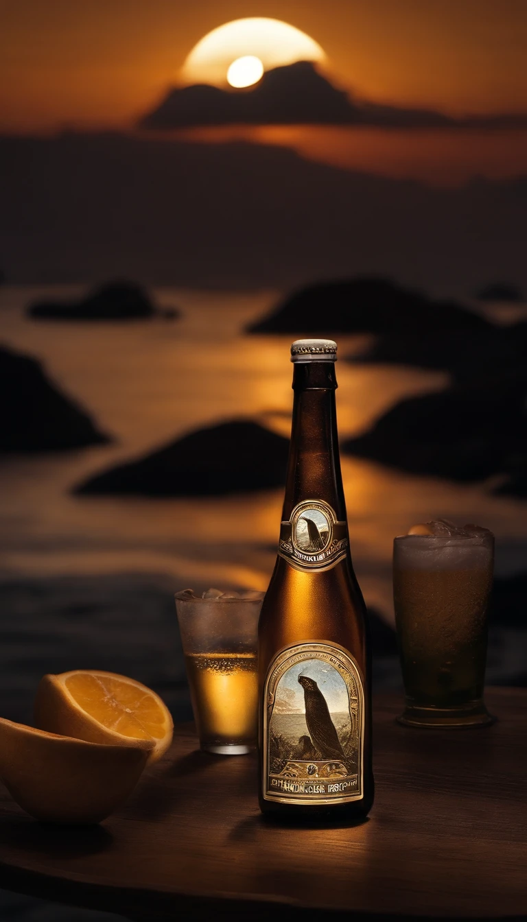 A bottle of beer on the table,In the background is a round of a large moon, perfect crisp moonlight, beer commercial, natta, The vista is a mountain or a sea surface,calm seas,the moon reflects in the water,Record covers,The main color is cool,The ambient light is dim,Positive perspective,The camera distances itself from the bottle