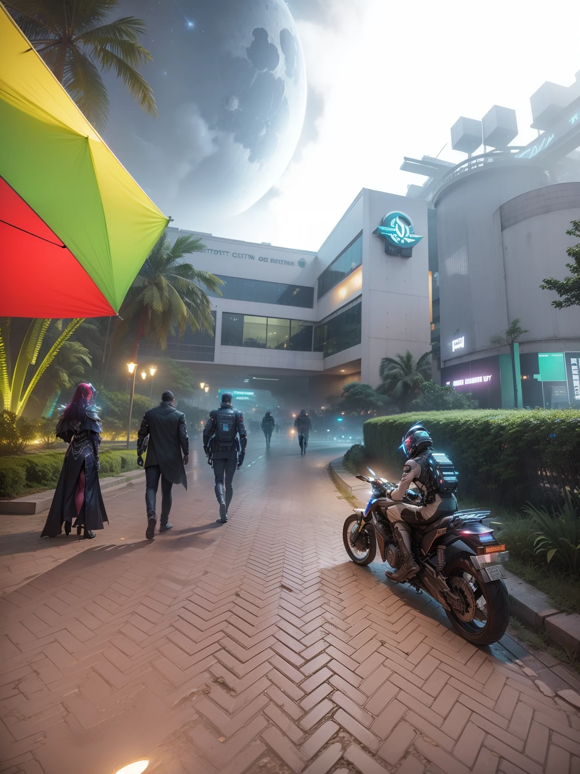 Port City International University in Chittagong Bangladesh,Cyber punk theme, night time, moody tone, clear sky with stars and comet, cinematic, realistic, 4k