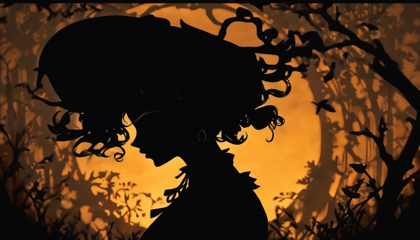 (Silhouette Art,cutouts:1.6)
(((Paper cutting art,A world where only black exists:1.3)

(Cowboy Shot),1 girl,Solo,
(Girl in a witch's hat,profile:1.2),white, Clear and beautiful face,Sunrise behind

break
(Yellow pumpkin)
Textured glass background,Arcana World