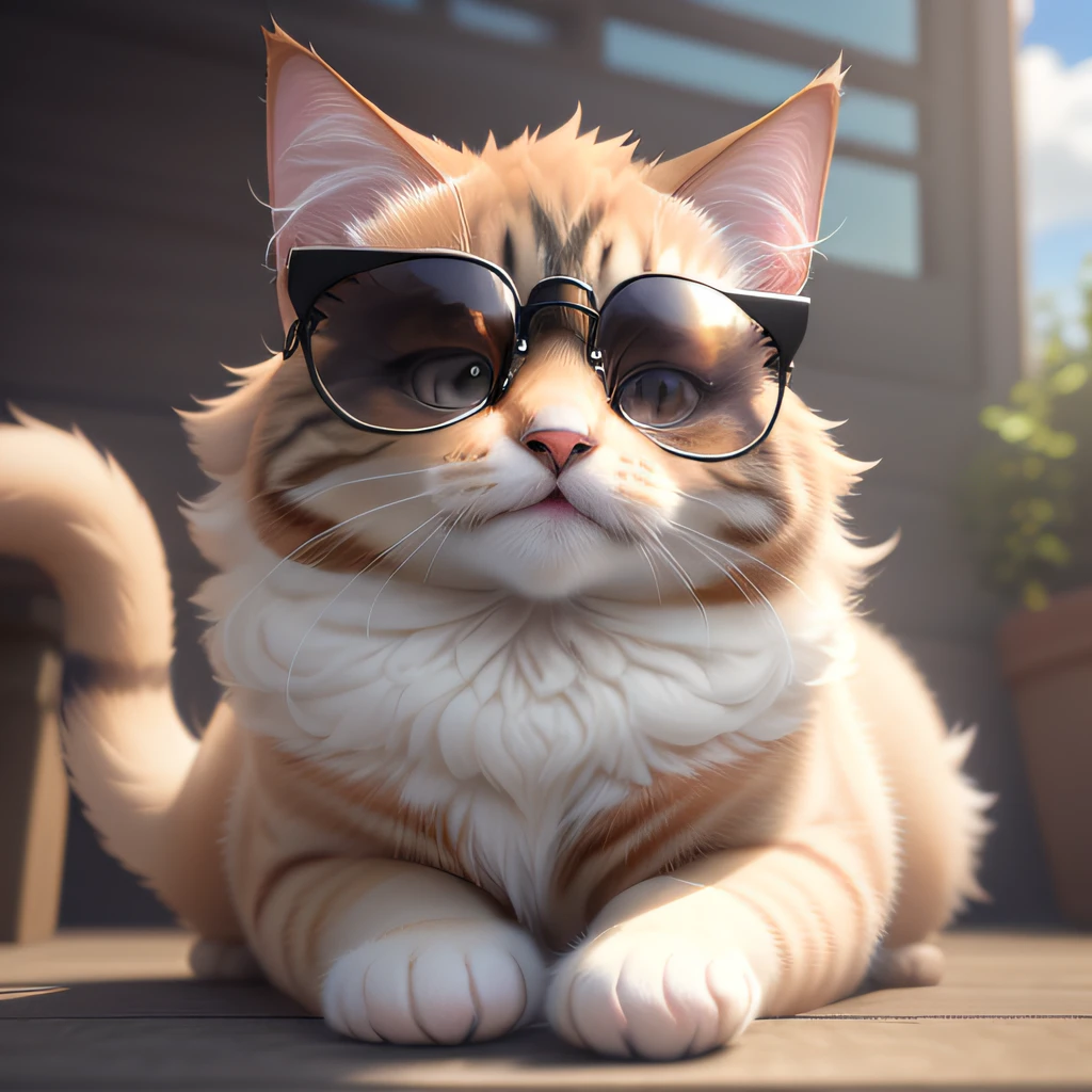 super cute fluffycolored cat wearing sun glasses , photorealistic, 4K, ultra detailed, vray rendering, unreal engine, midjourneyart style