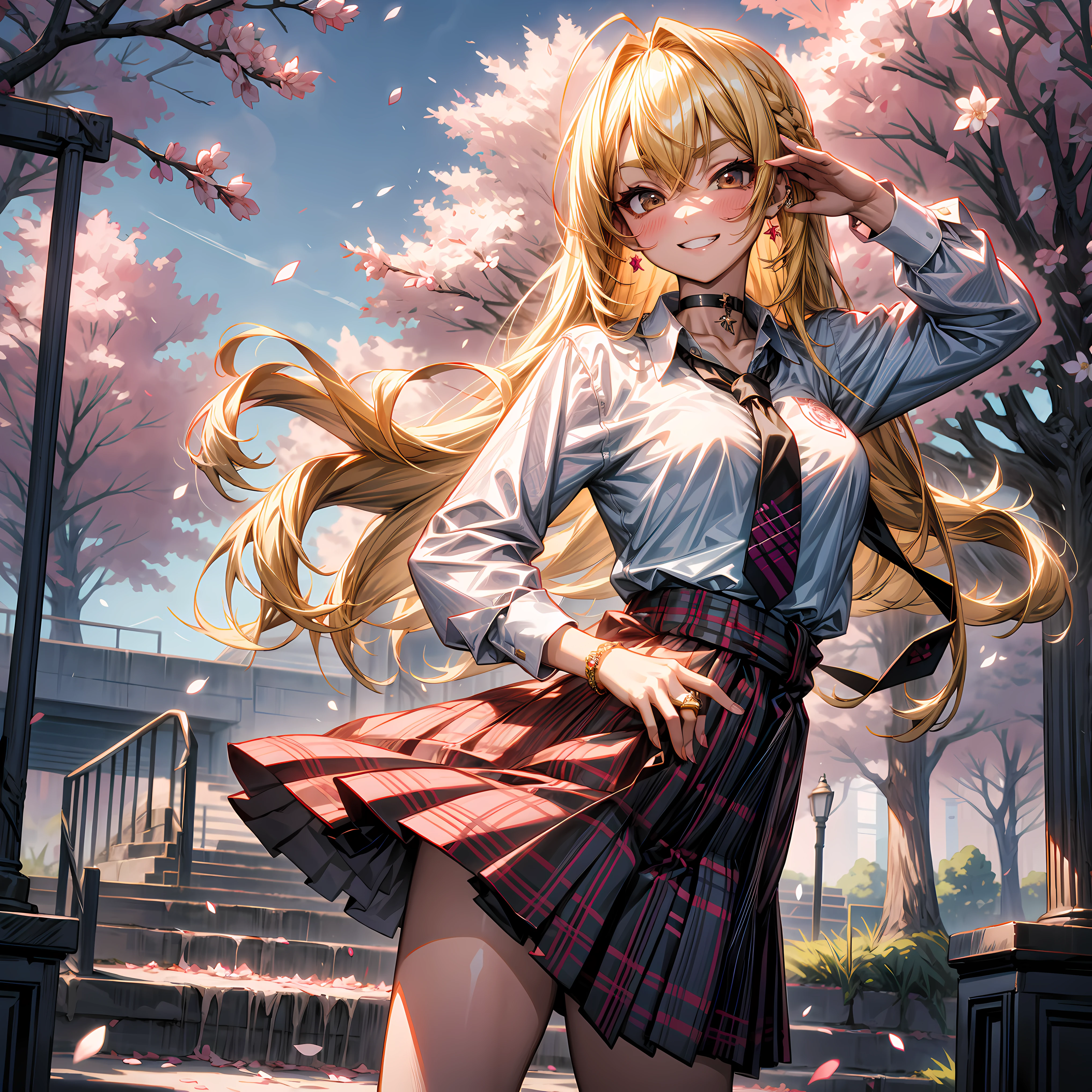 8K, highres, masterpiece, best quality, 
salute, hand on hip, 
full body, momosuzu nene , 1girl, 
bangs, blonde hair,blush,
black choker, black necktie,  (rose on hairpin), blue skirt,  bracelet, choker, clothes around waist, collarbone, collared shirt,  dress shirt, ear piercing, eyebrows visible through hair, gradient hair, grin, gyaru, jewelry, kogal, long hair, 
 loose necktie, necktie, piercing, plaid, plaid skirt, pleated skirt, ring, school uniform, shirt, skirt, smile, solo, white shirt, 
cowboy shot,looking at viewer,
street, sky, cherry blossoms, petals, realistic skin,