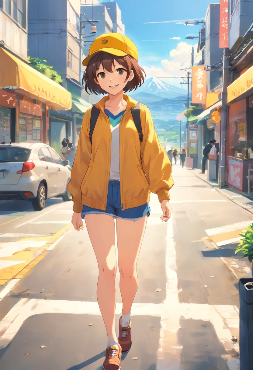 Cute girl in Japan,Big smile,run,clothing in the colors Yellow,(((wearing hat:1.5))),great outdoors, En plein air, Beautiful white feet and legs. rios,Alpine fantasy,444 Hz, Beautiful, Breathtaking, Highly detailed, 8K, Use, Affectionate, Ultra photo realsisim, scenery,(((short detailed hair:1.5))),(((Shorts visible)))
