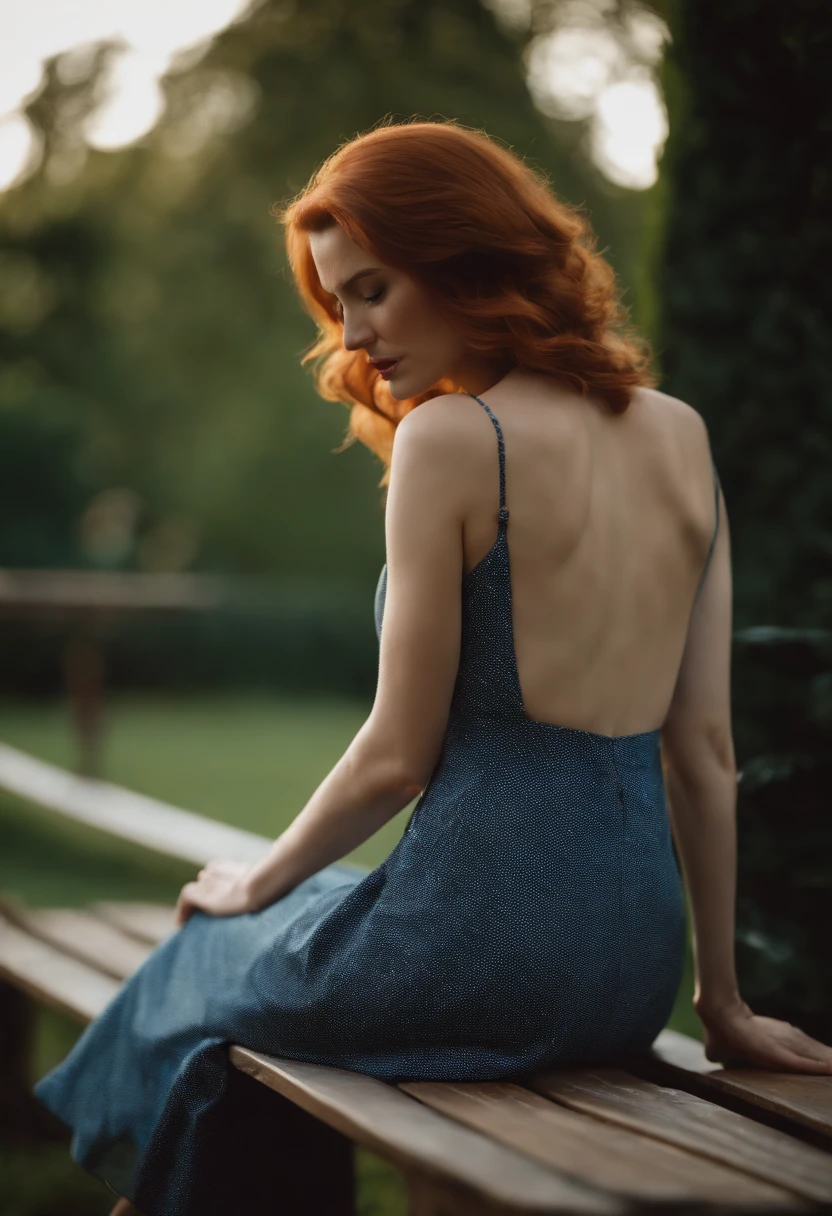 femme rousse aux cheveux long , assise lassivement sur un banc dans un jardin, porte une mini robe bleu sexy, des chaussures a talons tres haut, enorme implant mammaire