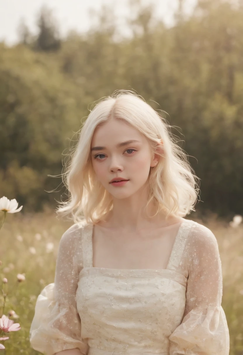 Cosmos Field、(((Cosmos blooms profusely)))、(((cosmos)))、Autumn sunshine pouring down from behind、The atmosphere of Elle Fanning、cotton dress、(((thighs thighs thighs thighs)))、bare-legged、white hair、Curly、angry looking face、13-year-old girl、short-haired、soft sunlight、(((birdseye view)))、Sauce order、up of face、Kamimei、(((hitornfreckles)))