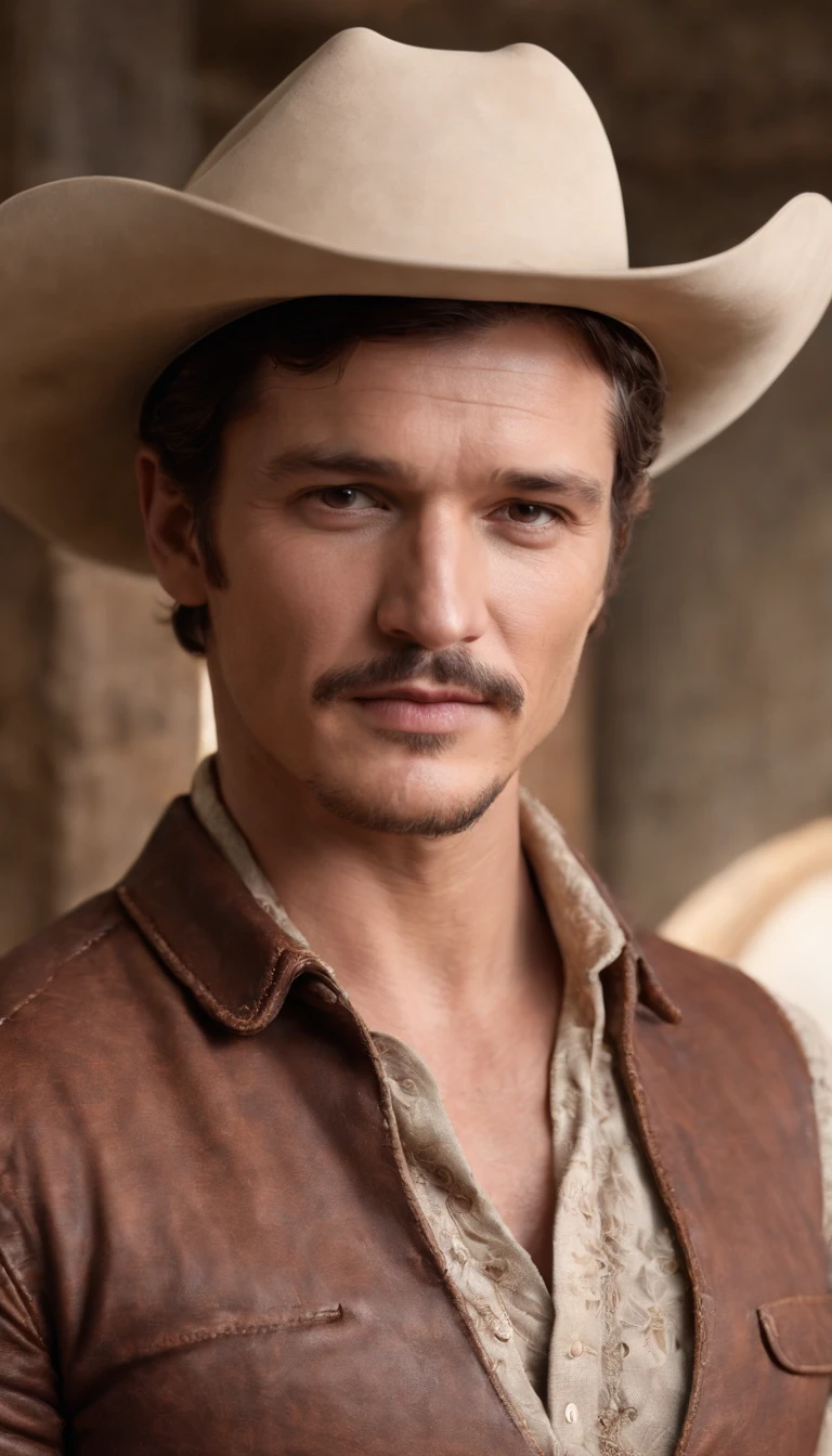 Make a photorealistic portrait of Pedro        pascal wearing a western style cowboy interior , white background, medium close up shot, style of ultrafine detail, high quality photo, 105 mm f/1.2, 24mm,4k textures, soft cinematic light, highly detailed, sharp focus, hyperdetailed, low contrast, dim colors, exposure blend,(dusty:1.3),volumetric lighting, full body character art, brown eyes