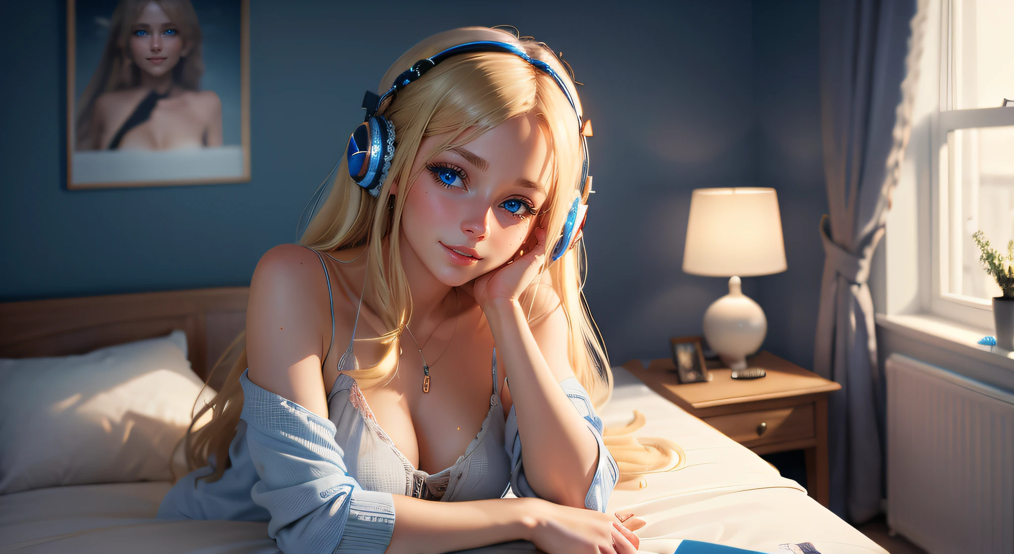 Beautiful blue eyes ultra realistic and detailed, petit sourire
