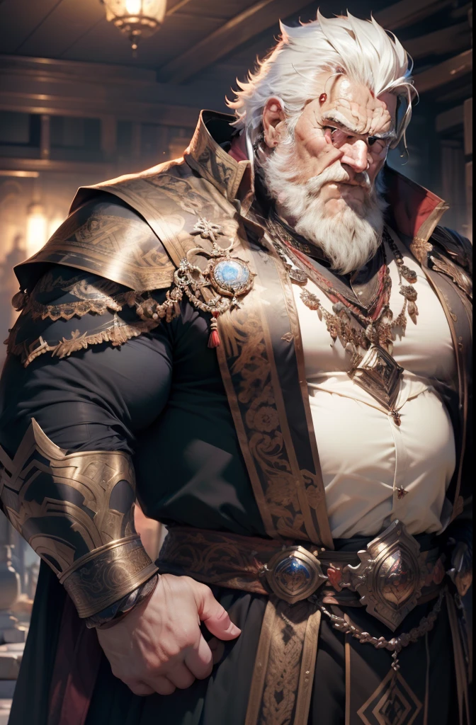 old man, bara,king, thick body, slightly fat,ornate clothes,luxury,white beard,white hair,handsome, sharp gaze, in cage,glowing red eyes, big bulge, standing, hide hands behind hip, hd quality, masterpiece, extremely detailed, looking to the viewer, perspective view, UHD, 64k, unreal.(highly detailed skin), (detailed face), detailed background, dark lighting, twilight lighting, volumetric lighting, intricate details, UHD
