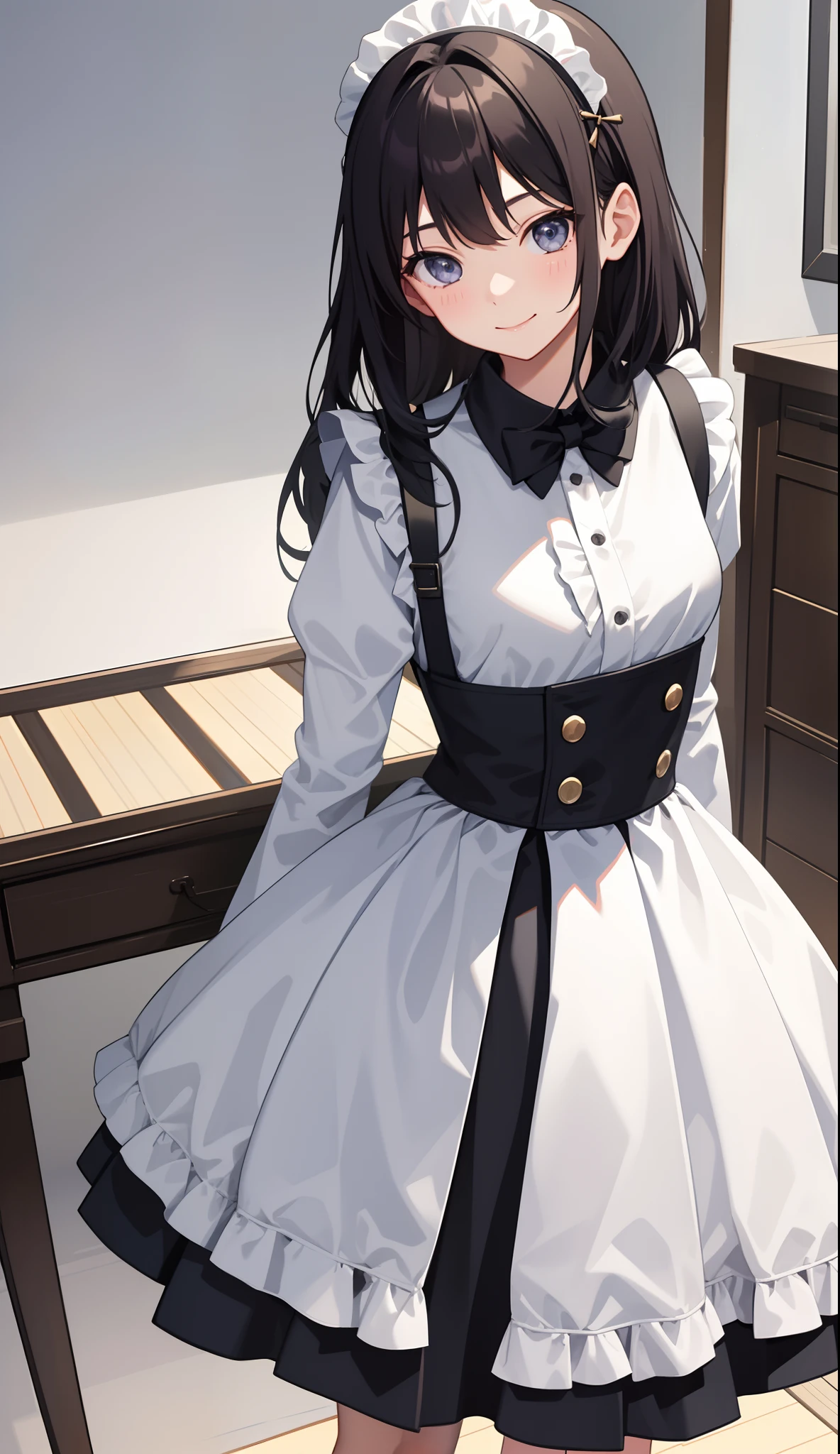 1girl in、AS-Adult、A smile、The shirt、skirt by the、（small tits）、doress、pinafore、hair adornments、（Maids）、Upper body portrait、Walking with a thigh、