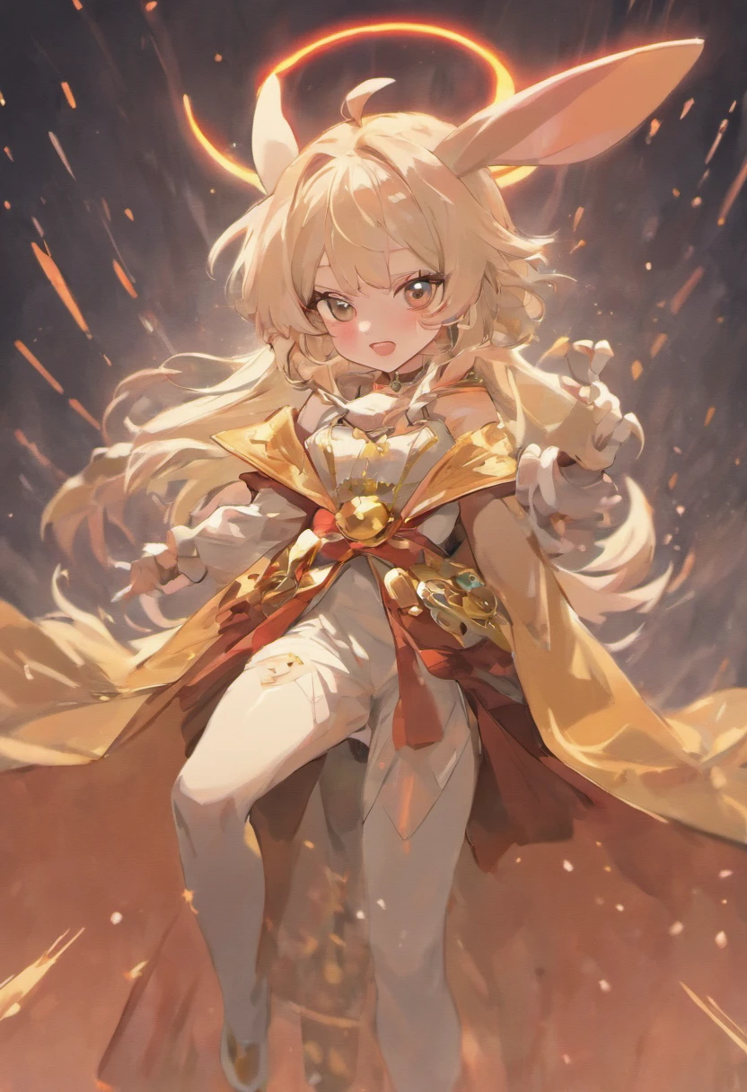 There is a cartoon rabbit wearing a cape and scarf, Anthropomorphic rabbits, edgBunny_Character, cute anthropomorphic bunny,, Rabbits, electrixbunny, the white rabbit,《the white rabbit》, Rabbits_edgBunny, A lid that glitters in the wind,simplebackground,solid color backdrop
