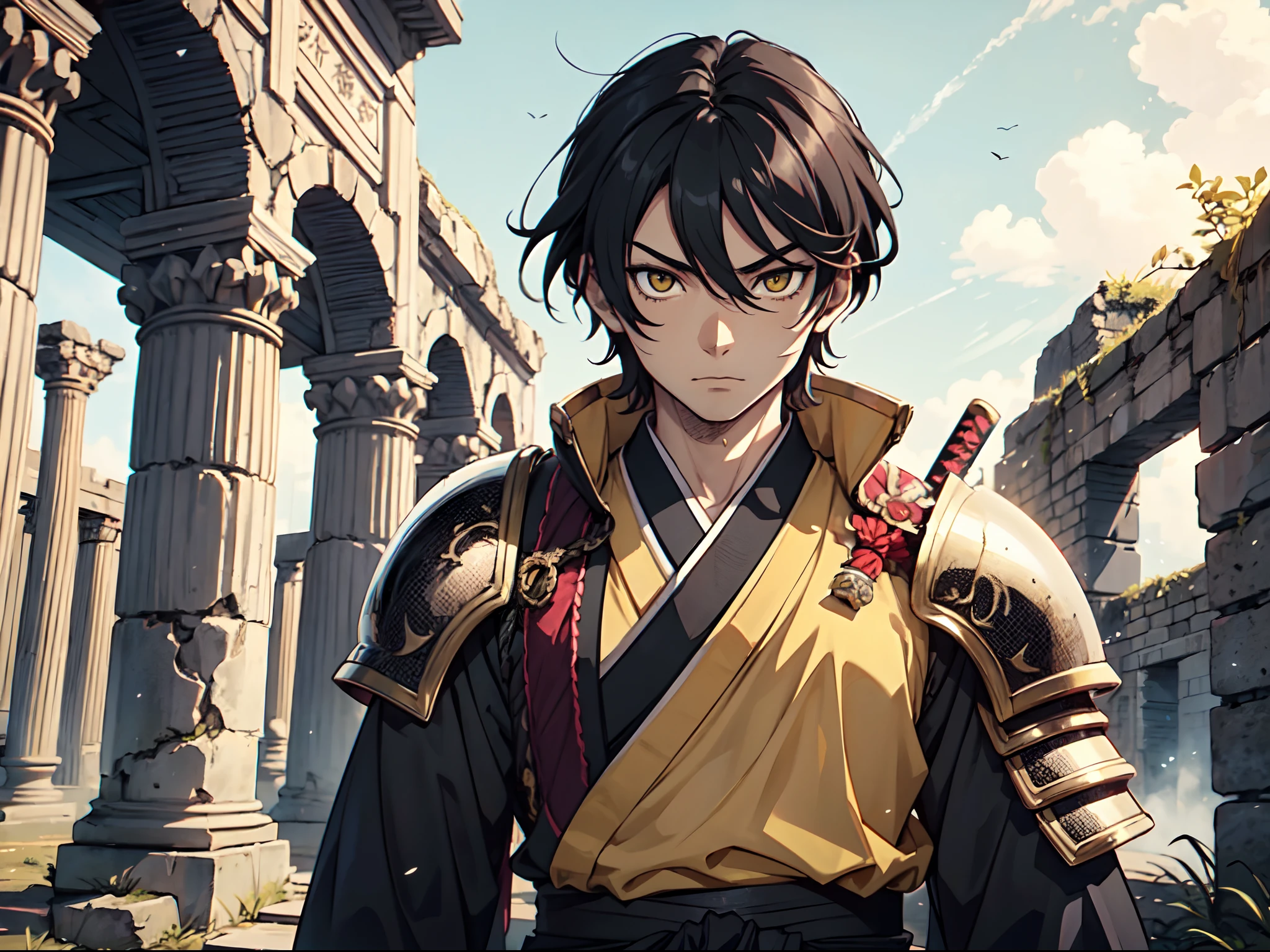 1 boy, Xin from Kingdom anime, armored with Samurai armor, holding katana, ultra high definition, 8k, handsome,black and yellow pupil eyes, long black hair, ancient ruins background
