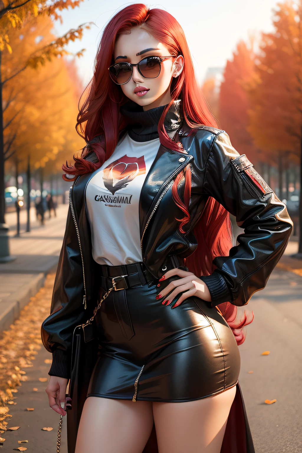 sexy beautiful caucassian girl, sunset, park trees background, long red hair, sunglasses, autumn