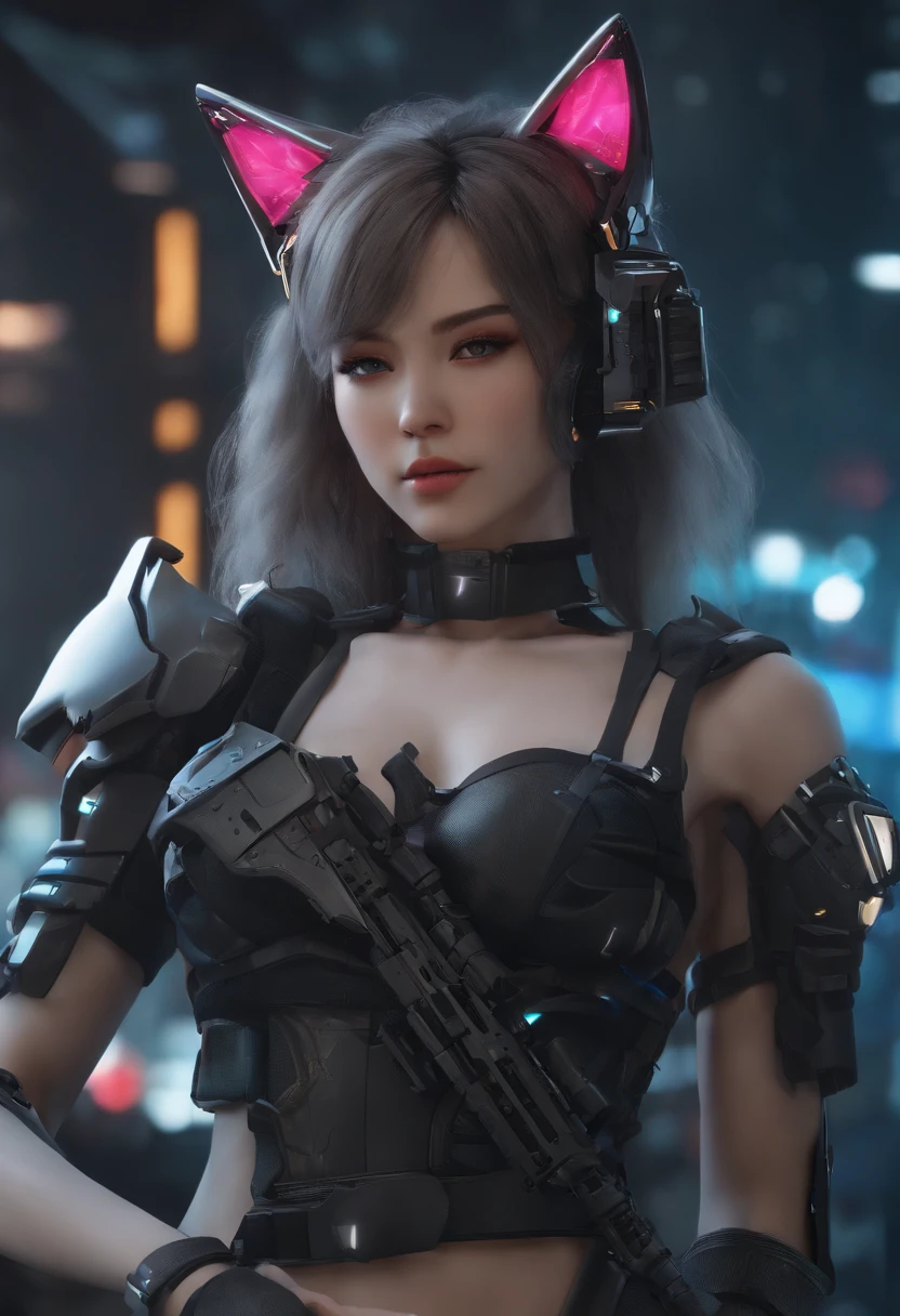 Anime girl with long hair and cat ears in town, digital cyberpunk anime art, cyberpunk anime girl mech, female cyberpunk anime girl, Cyberpunk anime girl, anime cyberpunk art, cute cyborg girl, digital cyberpunk - anime art, cyberpunk anime art, Oppai Cyberpunk, anime style 4 k, perfect android girl, cyberpunk beautiful girl, beutiful girl cyborg, detailed outfit, unreal engine, octane render, 8k, highest resolution, highly detailed, waifu, samurai, katana, light saber, ninja