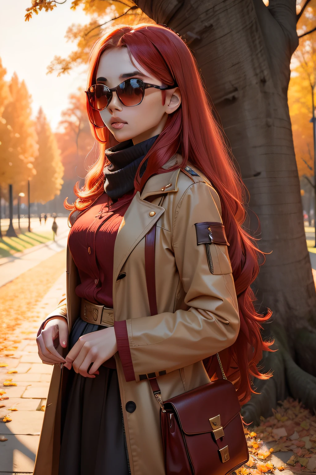 beautiful caucassian girl, sunset, park trees background, long red hair, sunglasses, autumn