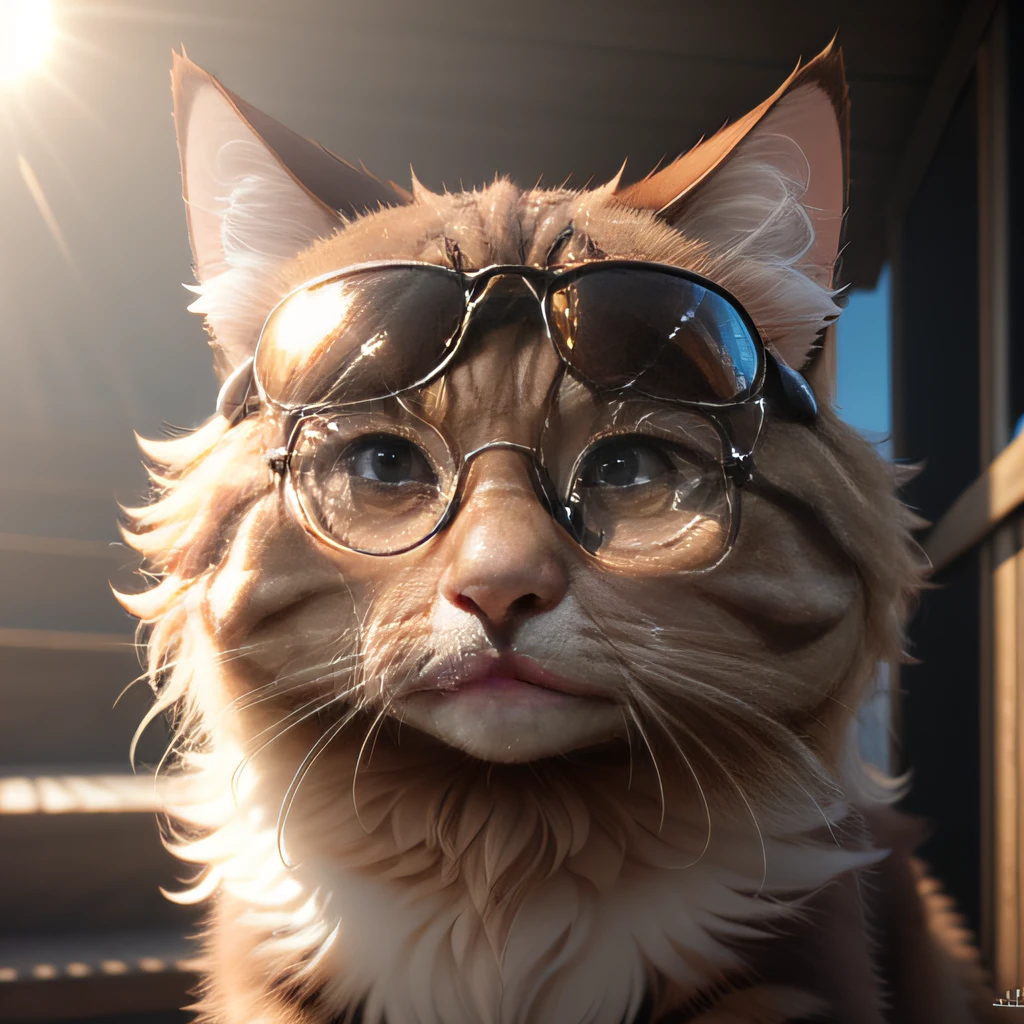 super cute fluffy brown cat wearing sun glasses , photorealistic, 4K, ultra detailed, vray rendering, unreal engine, midjourneyart style