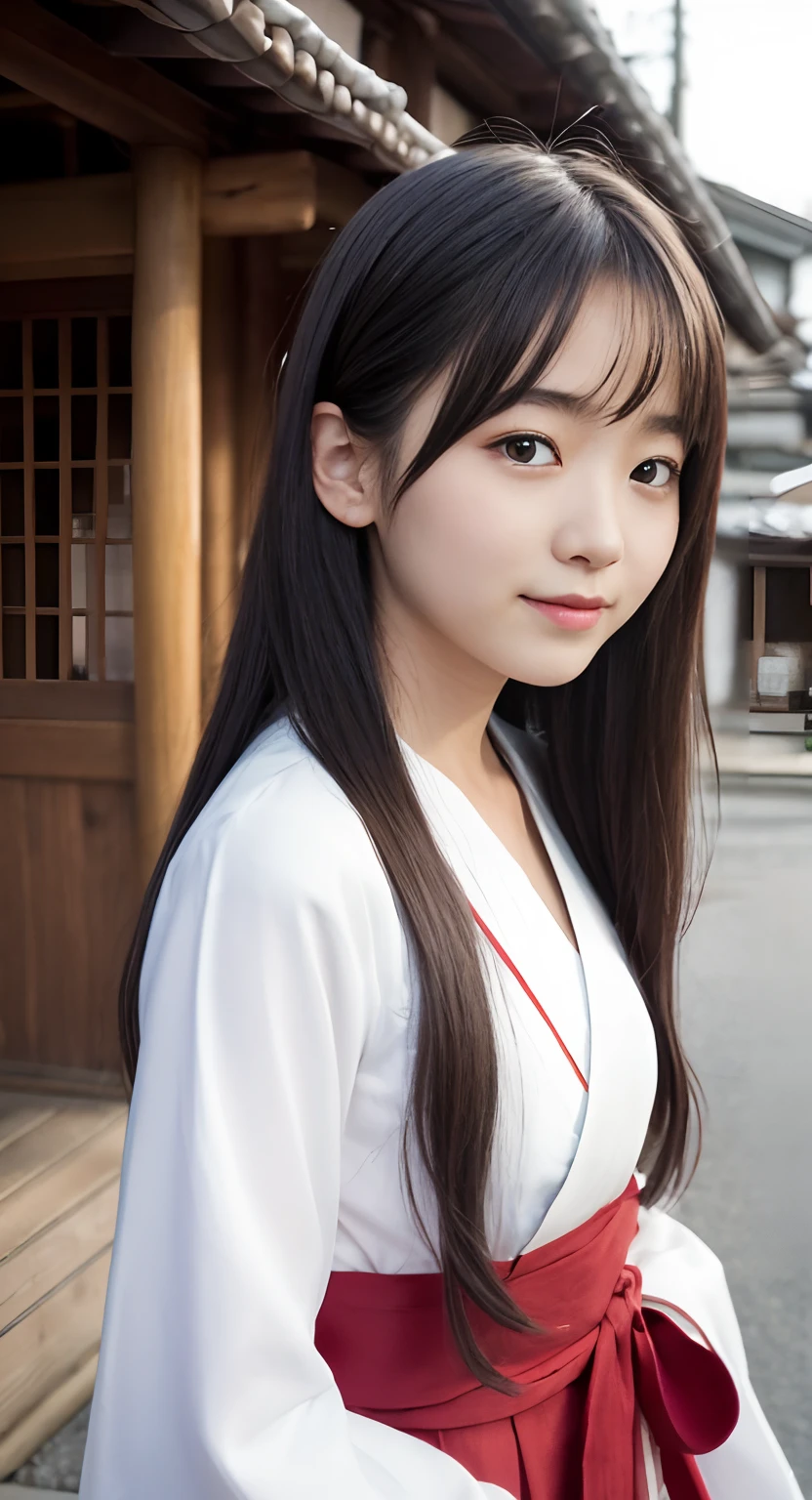 (top-quality、masterpiece:1.2)、Best Quality、realisitic、photoshot、hight resolution、1080p、8K、Textured skin、Physical Rendering、1 Japan Girls、a 、kawaii、Young Face、Rolled hair、(Japan shrine priestess costume:1.5 )、Precincts of Japan Shrine、full of shyness、smil、Big