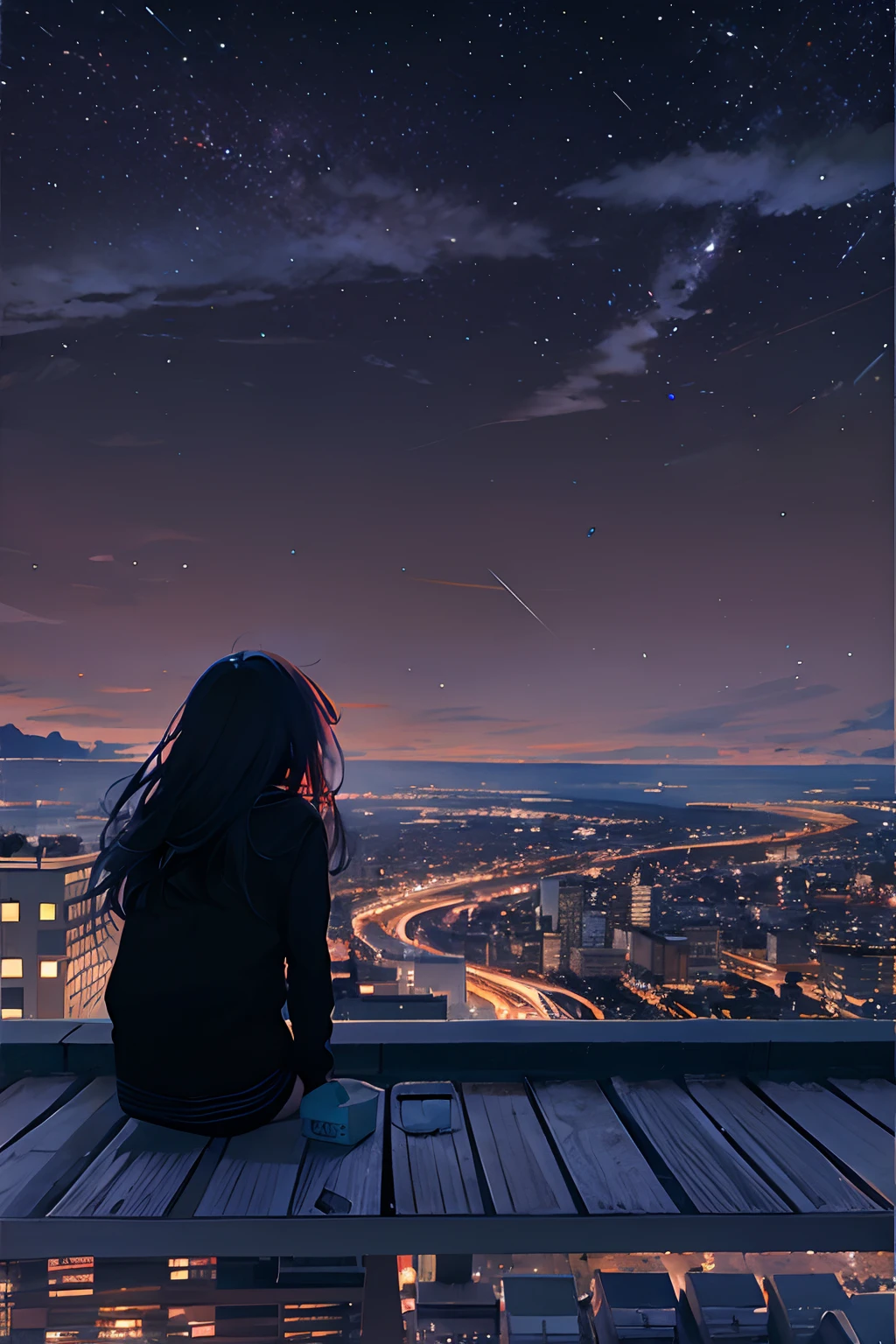 octans, sky, star (sky), scenery, starry sky, night, 1girl, night sky, solo, outdoors, building, cloud, milky way, sitting, tree, long hair, city, silhouette, cityscape
