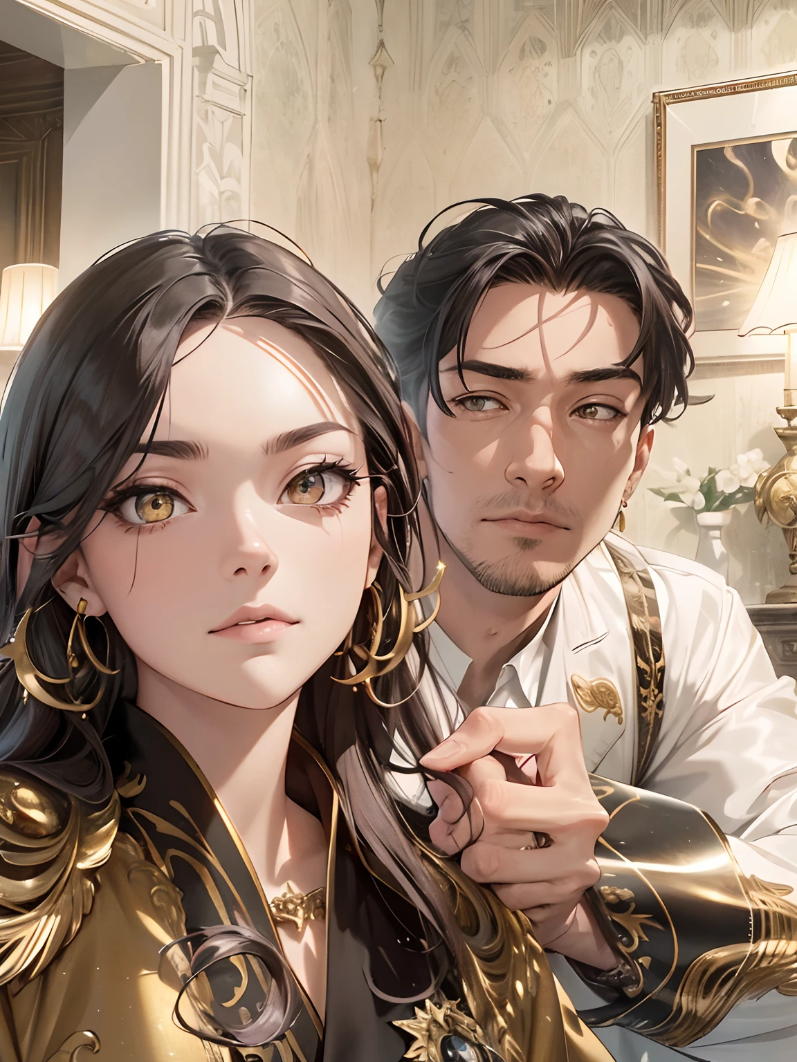 （absurderes，A high resolution，ultra - detailed，hdr），tmasterpiece，best qualtiy，One woman and one man，Arrogant look，独奏，Golden Lion，Giant lion，Handsome，Golden eyes，glowing light eyes，long white robe，Angel wings，Archangel，Earrings and accessories，arrogant face，full bodyesbian，swirls of magic，spark of light，swirles，black aura，Dramatic skies，a paradise，abstract backgrounds， From the side Side，head looking up，evilsmile