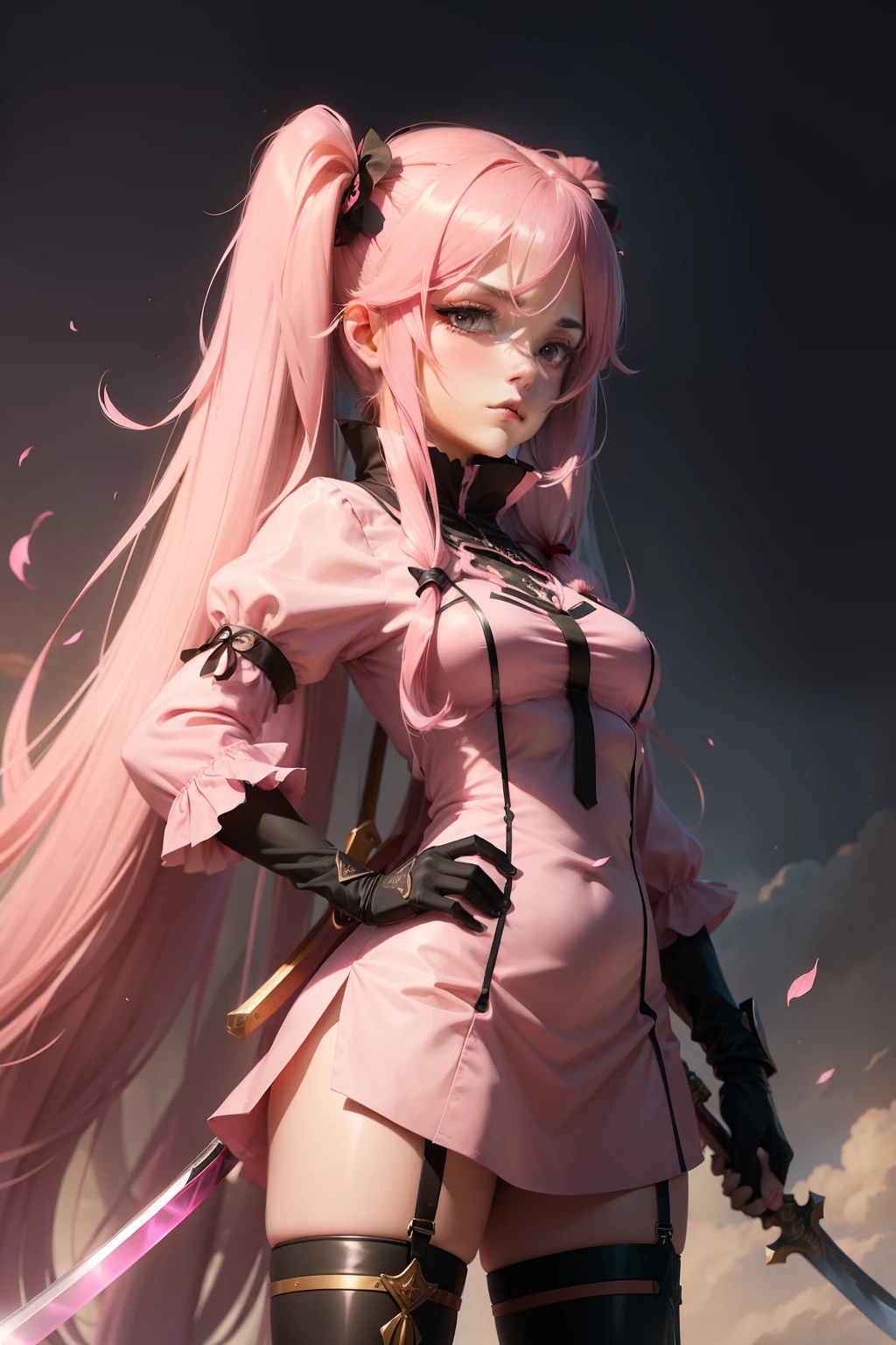 (()), a woman with long hair in a anime world wearing a pink shirt, holding a sword, 1girl, long hair, solo, twintails, thighhighs, very long hair, gloves, hand on hip, weapon, holding, black gloves, puffy sleeves