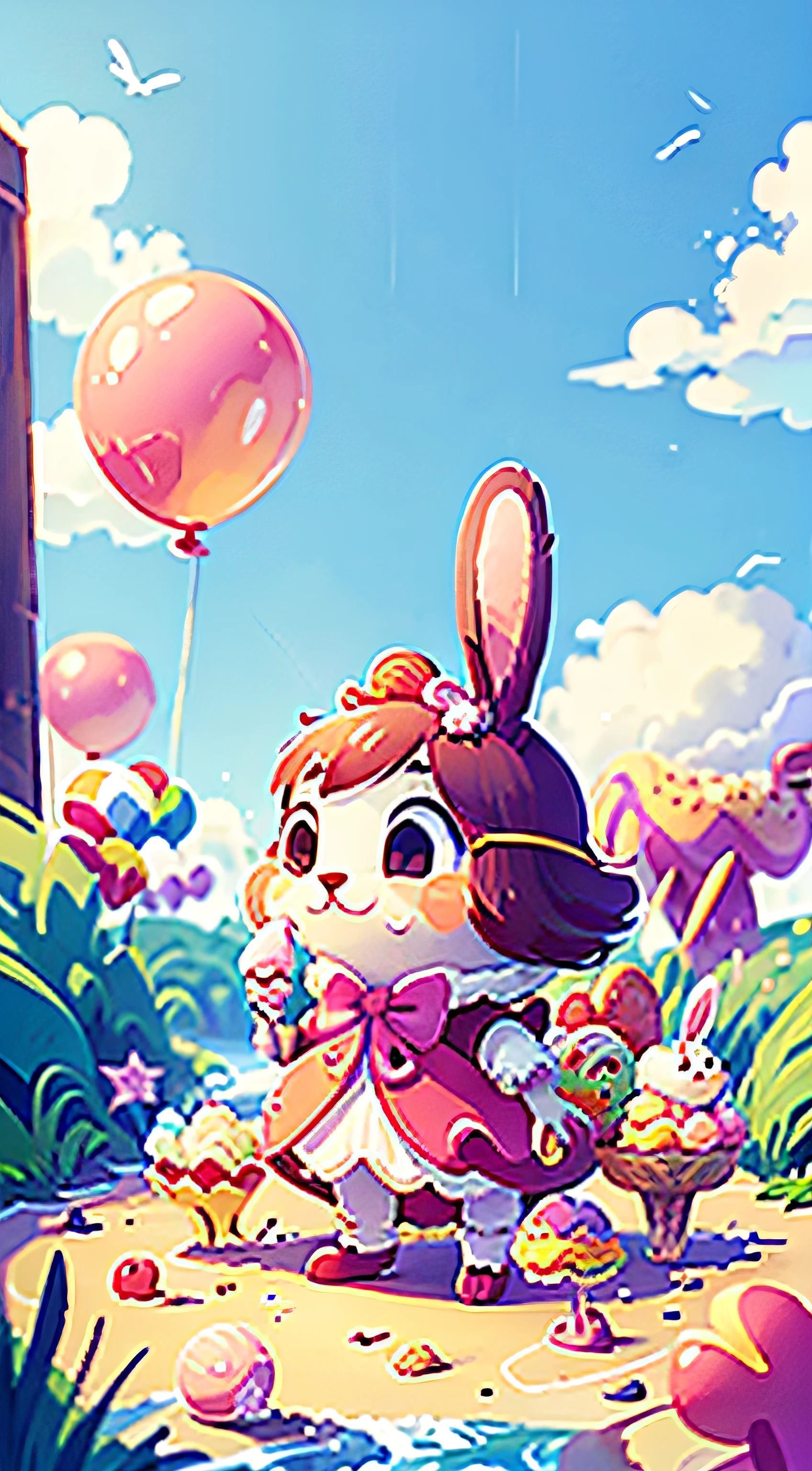 A rabbit holds a balloon in front of Candy Land ,Milk River,Big ice cream,donut,There are a lot of lollipops standing on the shore,Colorful sky,Lots of clouds
