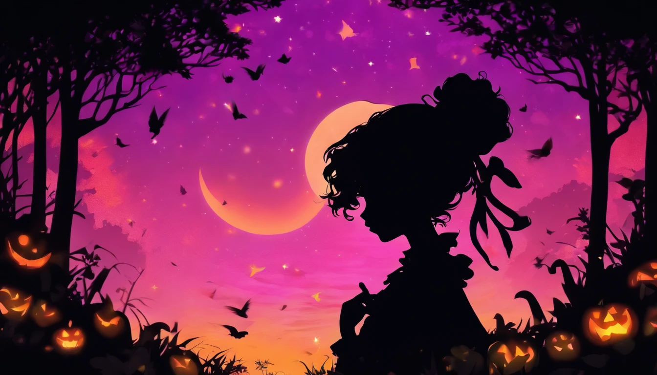 (Silhouette Art,cutouts:1.6)
(((Paper cutting art,A world where only black exists:1.3)
(Cowboy Shot),1 girl,Solo,
(Girl in a witch's hat,profile:1.2),white, Clear and beautiful face,The Moon Behind
break
(Purple Moon、Yellow pumpkin)
Textured glass background,Arcana World