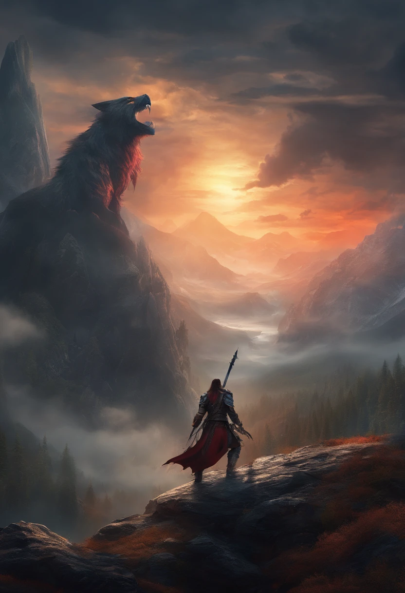 (best quality,4k,8k,highres,masterpiece:1.2),ultra-detailed,(realistic,photorealistic,photo-realistic:1.37),a man with a sword in his hand, detailed eyes, facial hair, muscular build, intense expression, a giant wolf beast, sharp teeth, fierce eyes, powerful physique, the sword emitting red smoke, dynamic pose, intense confrontation, mountains, rugged terrain, dark and ominous atmosphere