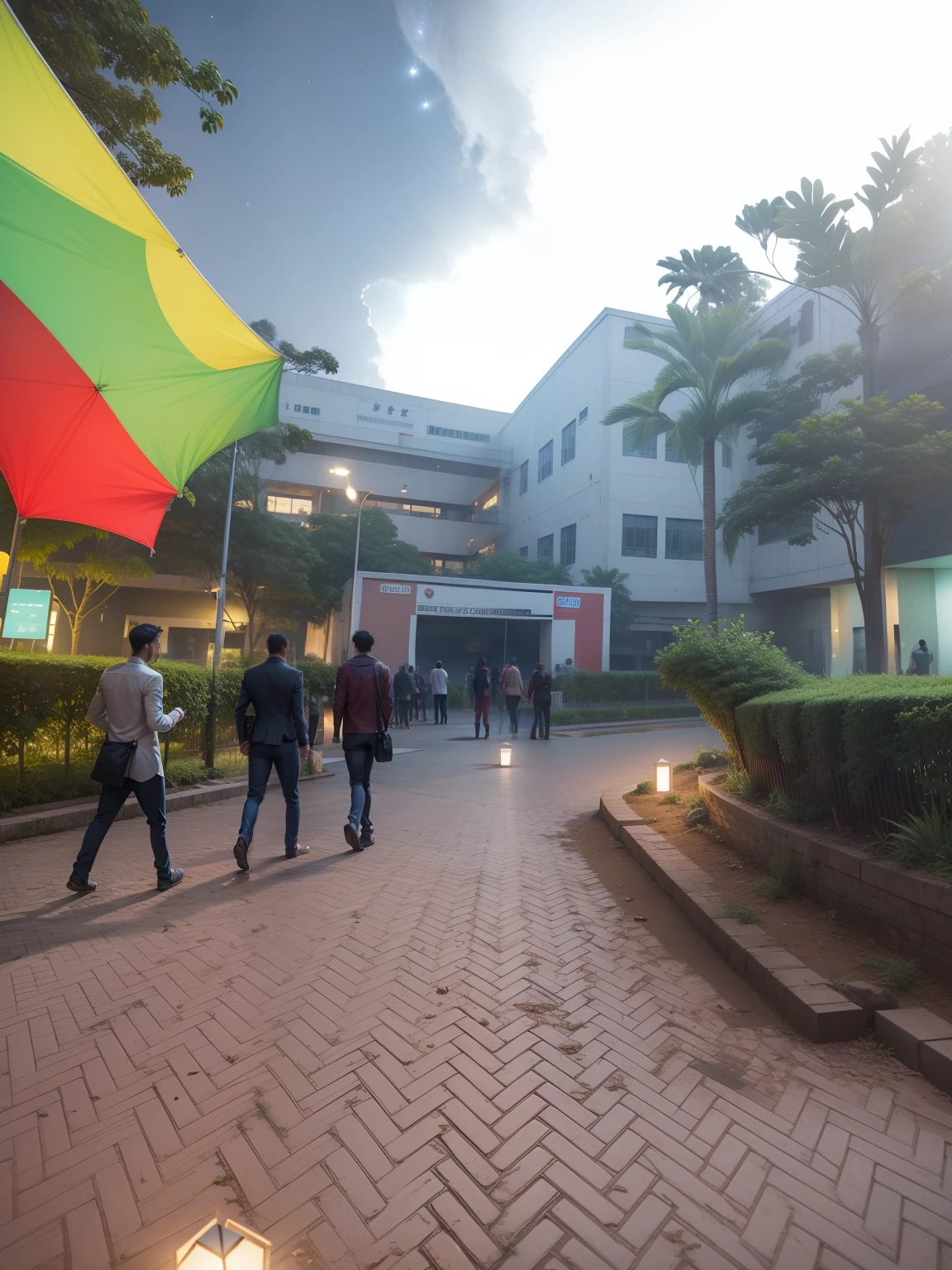 Port City International University in Chittagong Bangladesh,do not change buildings or names, night time, moody tone, clear sky with stars and comet, cinematic, realistic, 4k