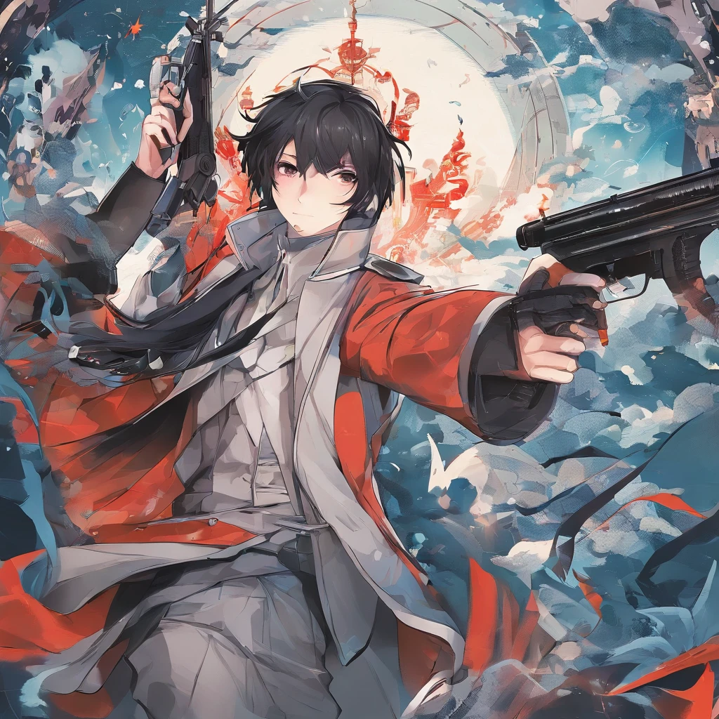 Sateen,the night,ember,Smile mask,coat large,Fighting posture,holding gun