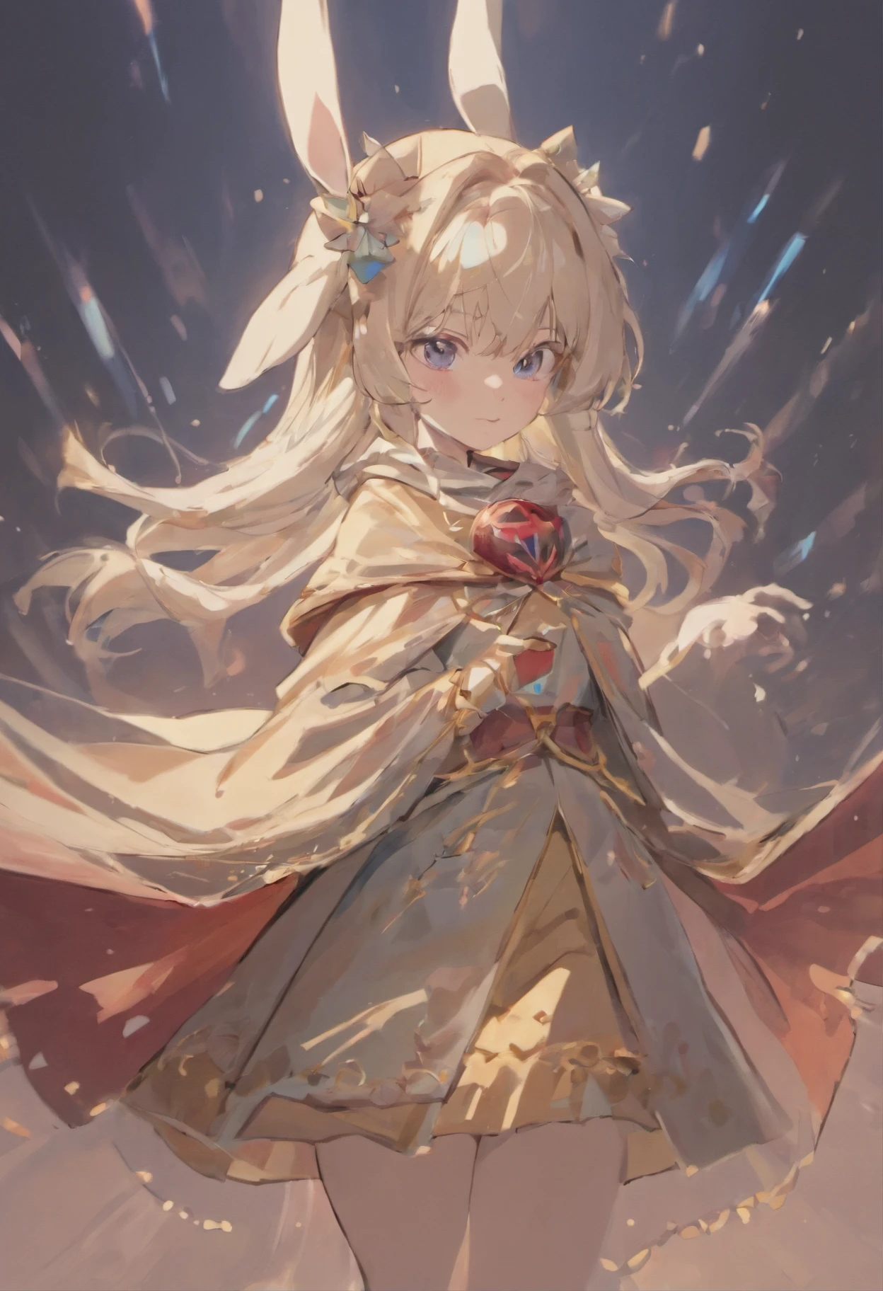 There is a cartoon rabbit wearing a cape and scarf, Anthropomorphic rabbits, edgBunny_Character, cute anthropomorphic bunny,, Rabbits, electrixbunny, the white rabbit,《the white rabbit》, Rabbits_edgBunny, A lid that glitters in the wind,simplebackground，solid color backdrop