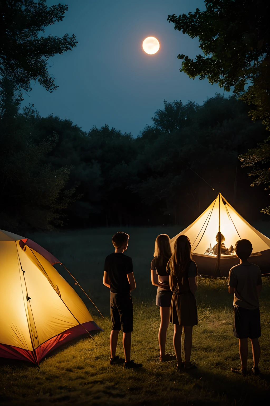 (photorealistc:1.1), full shot, full body, dark silhouette, view from afar, a group of 3girls ar old and 3boys 16yeld, campsite in the wood, full moon, moonlight, bonfire, tent, lamp, smile, girls and boys around bonfire, perfect faces, drinking from mugs, looking at viewer, best quality, high resolution, extremely detailed, professional, masterpiece, cinematic lighting, one of the girls with honey blonde hair