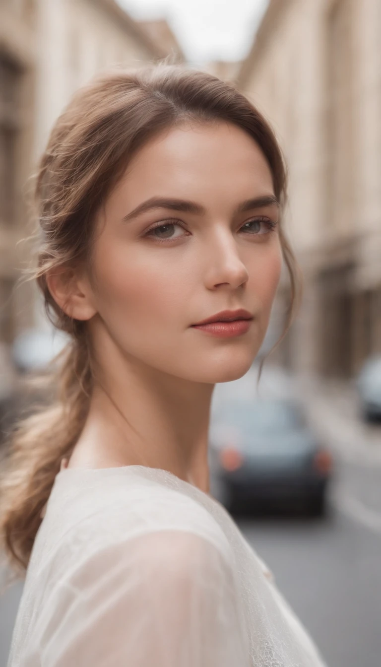 Mujer de pelo corto vestida con gabardina blanca retro, Foto estilo 80s, De pie en una calle, Estilo Bokeh, sunny day, Edificio amarillo al fondo, Estilo de detalle ultrafino, Foto de alta calidad