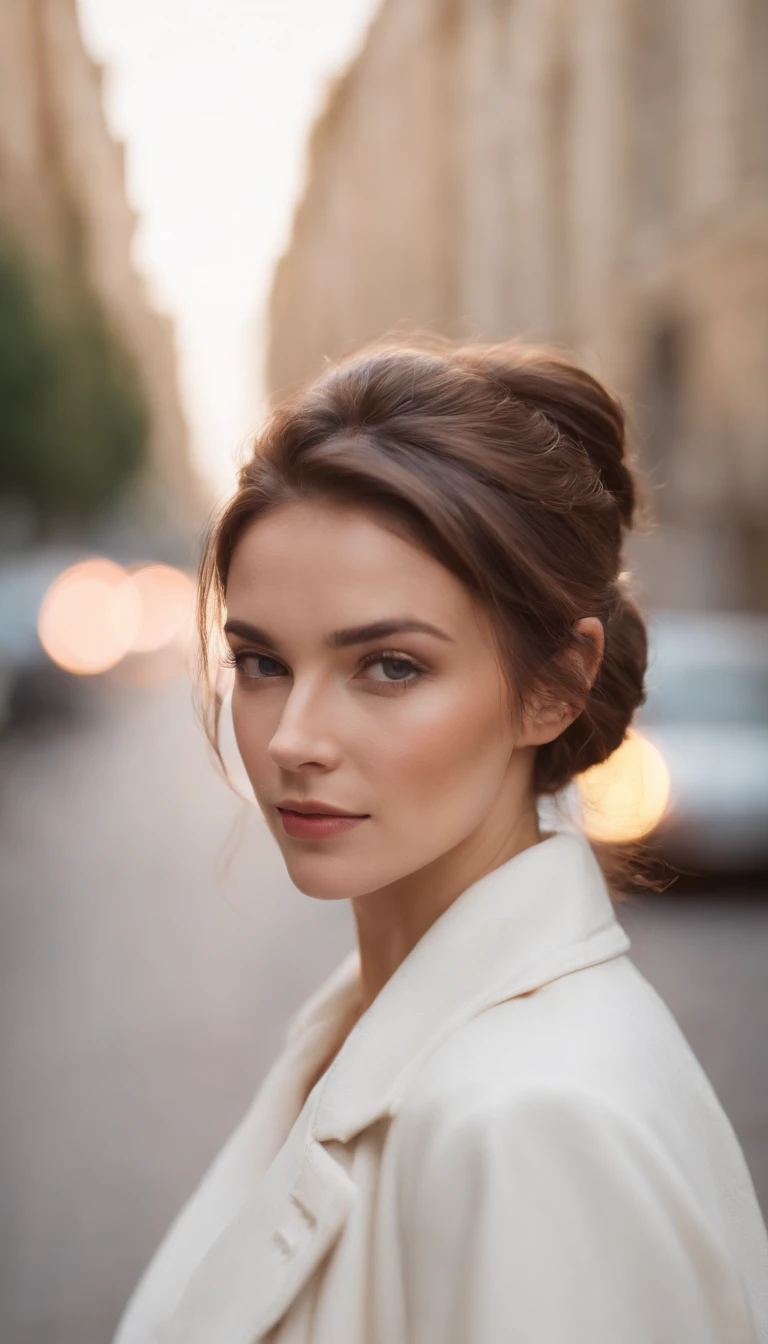 Mujer de pelo corto vestida con gabardina blanca retro, Foto estilo 80s, De pie en una calle, Estilo Bokeh, sunny day, Edificio amarillo al fondo, Estilo de detalle ultrafino, Foto de alta calidad