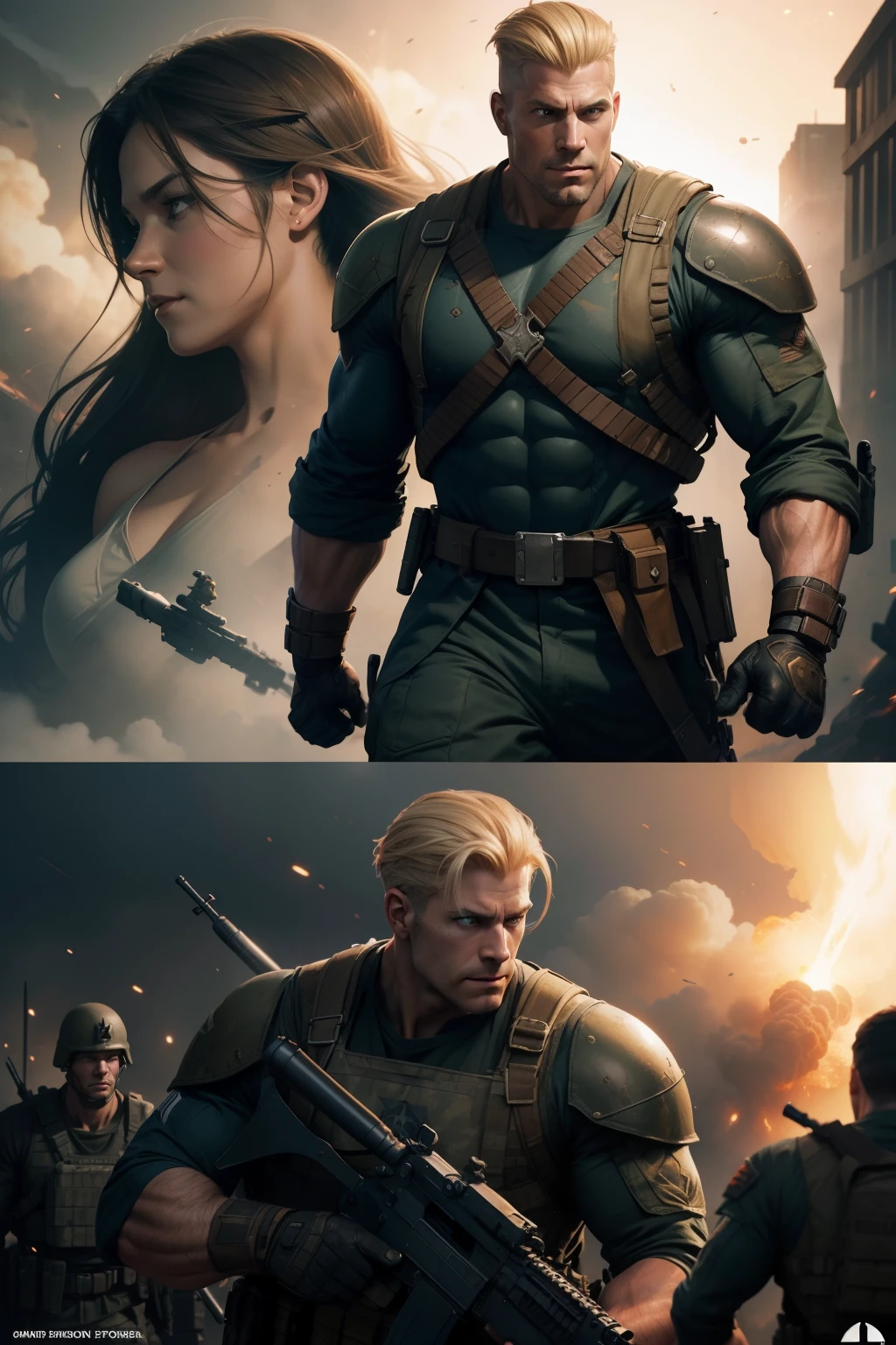 Character code name KRAIZON, American soldier, character sheet (Multiple views: Whole Body Upper Body Reference Sheet: 1), Full body sketch with a smiling expression, High-angle sketch with a serious expression, Latent, Realistic Super Soldier, looking at the camera, a white man with blonde Guile-style hair from the game Street Fighter, Background of an ongoing war scene, Soldiers running with machine guns in their hands, explosions in the sky, just the character's face in the left corner of the screen, Perfect realistic graphic novel design, Realistic digital illustration, Platoon style film, Vivid contrast, Background soldiers and explosions, perfect anatomy, centered, dynamic, highly detailed, Movie poster, zbrush, Sharp focus, Realistic illustration in David Finch style, Drawing by Alphonse Mucha, by Peter Mohrbacher, by wlop, 2000s.