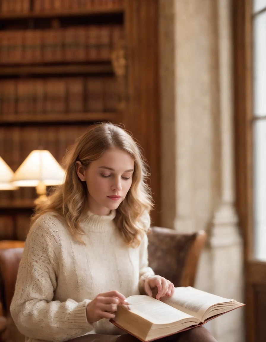 a young woman captures your attention. Her blond hair falls gracefully over her shoulders, and her fair complexion seems to absorb the soft library lighting, giving her an almost ethereal glow. Clad in a cozy, cream-colored knit sweater and well-worn jeans, she exudes an air of comfort and familiarity within these walls.
In her delicate hand, she holds a Starbucks cup—an oasis of modern convenience amidst the pages of history. The cup's logo and the aromatic steam wafting from it stand as a nod to contemporary life intertwining with the past. Her choice of beverage reflects a harmonious blend of modern indulgence and intellectual immersion.
Beyond the focal point of the young woman, the scene unfurls to reveal fellow patrons absorbed in their own pursuits. At a wooden table bathed in gentle light, a student pores over a thick textbook, scribbling notes diligently. Nearby, an older gentleman flips through the pages of a meticulously organized notebook, his index finger tracing lines of thought. Each individual creates a unique tableau of intellectual engagement, together composing a collective tapestry of introspection within the library's sanctum.
In her delicate hand, she holds a Starbucks cup an oasis of modern convenience amidst the pages of history. The cup's logo and the aromatic steam wafting from it stand as a nod to contemporary life intertwining with the past.
The young woman captures your attention. Her blond hair falls gracefully over her shoulders, and her fair complexion seems to absorb the soft library lighting, giving her an almost ethereal glow. Clad in a cozy, cream-colored knit sweater and well-worn jeans, she exudes an air of comfort and familiarity within these walls.
Her eyes, a mesmerizing shade of blue-gray, are like pools of contemplation reflecting the depths of the knowledge-filled surroundings. These eyes possess an innate tranquility, as if they have absorbed the wisdom of countless pages and absorbed the serenity of the library's