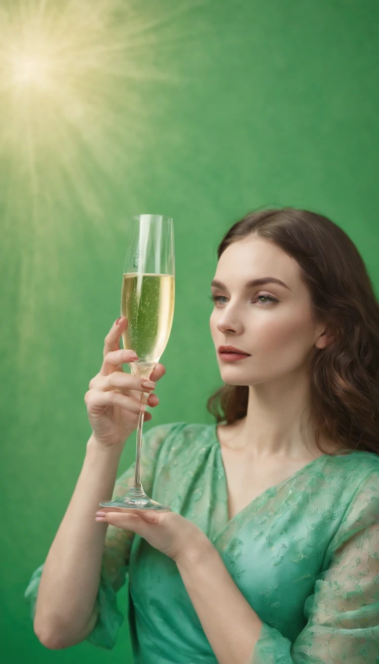 a young woman holding a champagne flute on a green background, in the style of carl kleiner, buckminster fuller, loretta lux, high quality photo, wavy resin sheets, gold and cyan, digital symmetry,medium shot