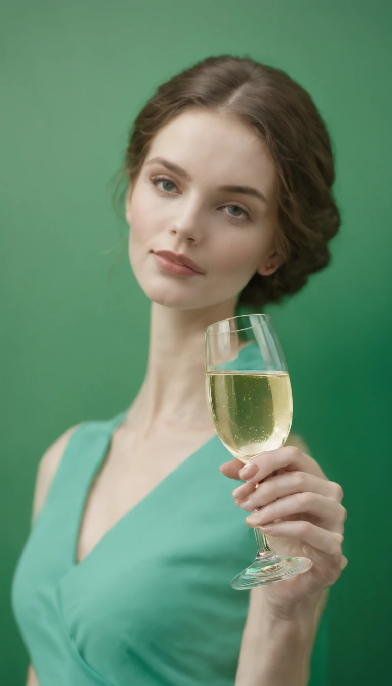 a young woman holding a champagne flute on a green background, in the style of carl kleiner, buckminster fuller, loretta lux, high quality photo, wavy resin sheets, gold and cyan, digital symmetry,medium shot