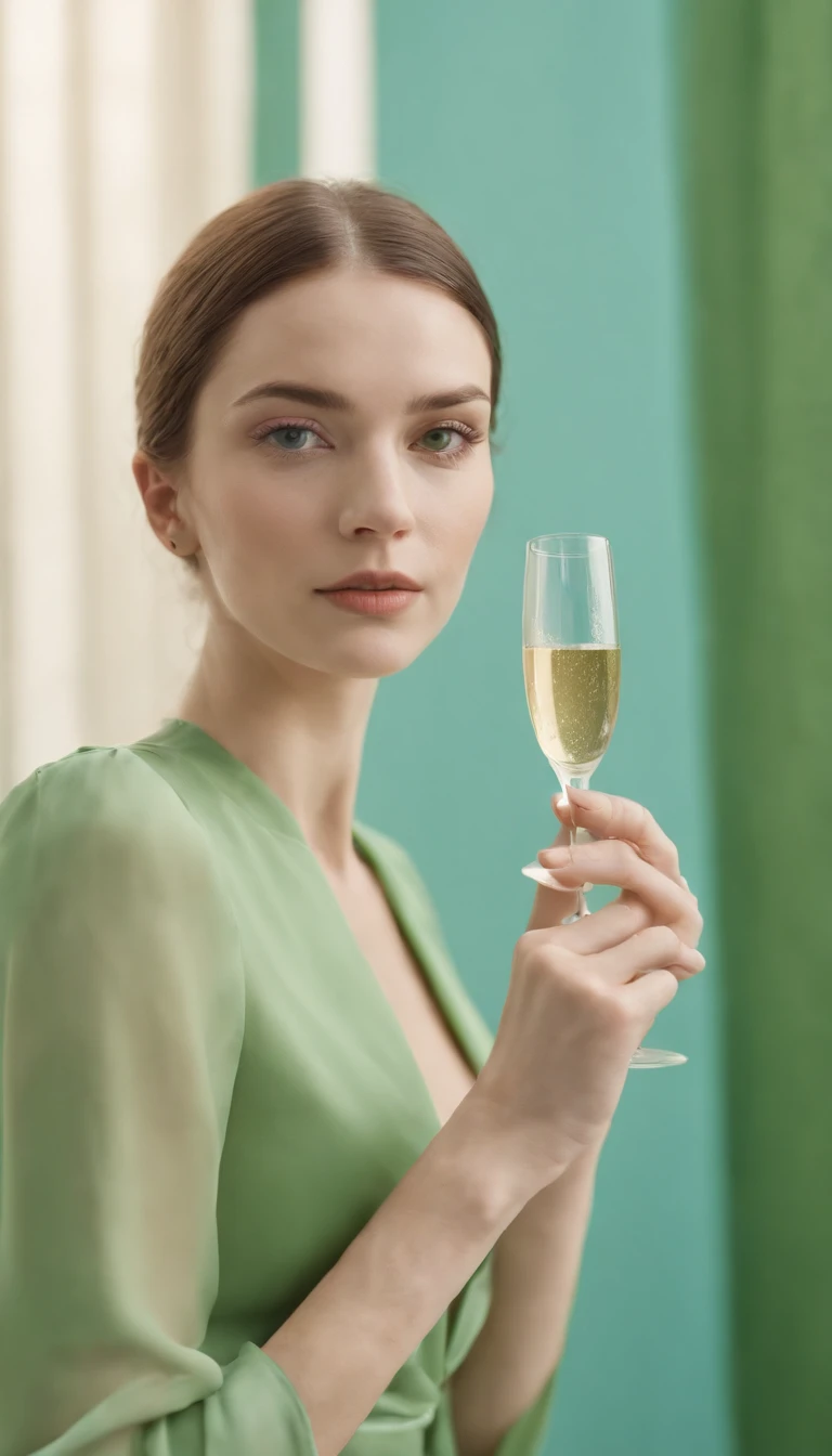 a young woman holding a champagne flute on a green background, in the style of carl kleiner, buckminster fuller, loretta lux, high quality photo, wavy resin sheets, gold and cyan, digital symmetry,medium shot